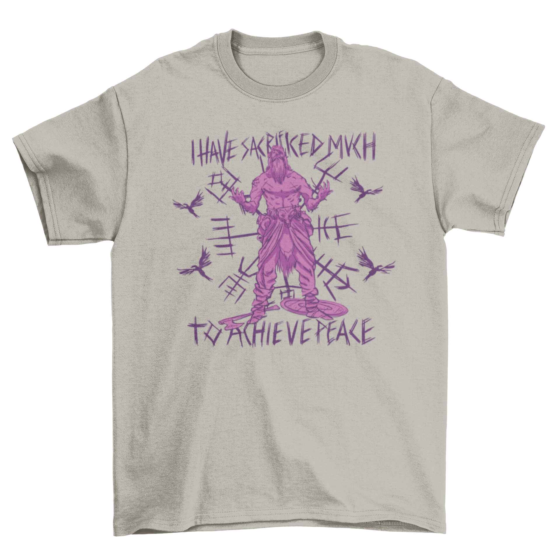 Cool Odin t-shirt featuring a striking design and an inspirational quote about sacrifice and peace.