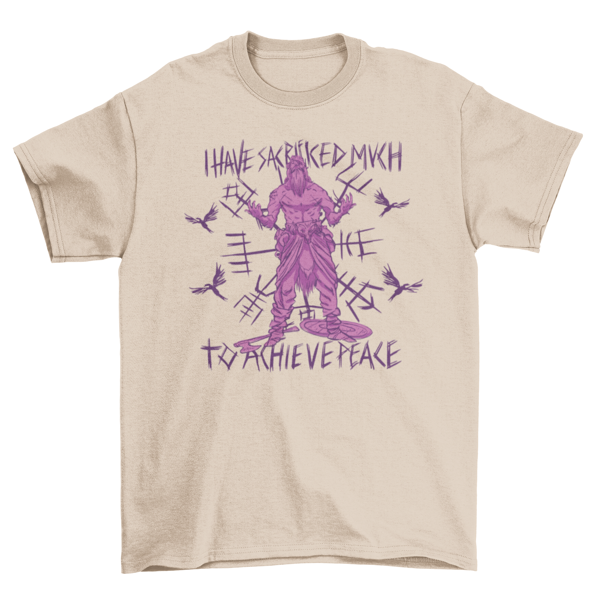 Cool Odin t-shirt featuring a striking design and an inspirational quote about sacrifice and peace.