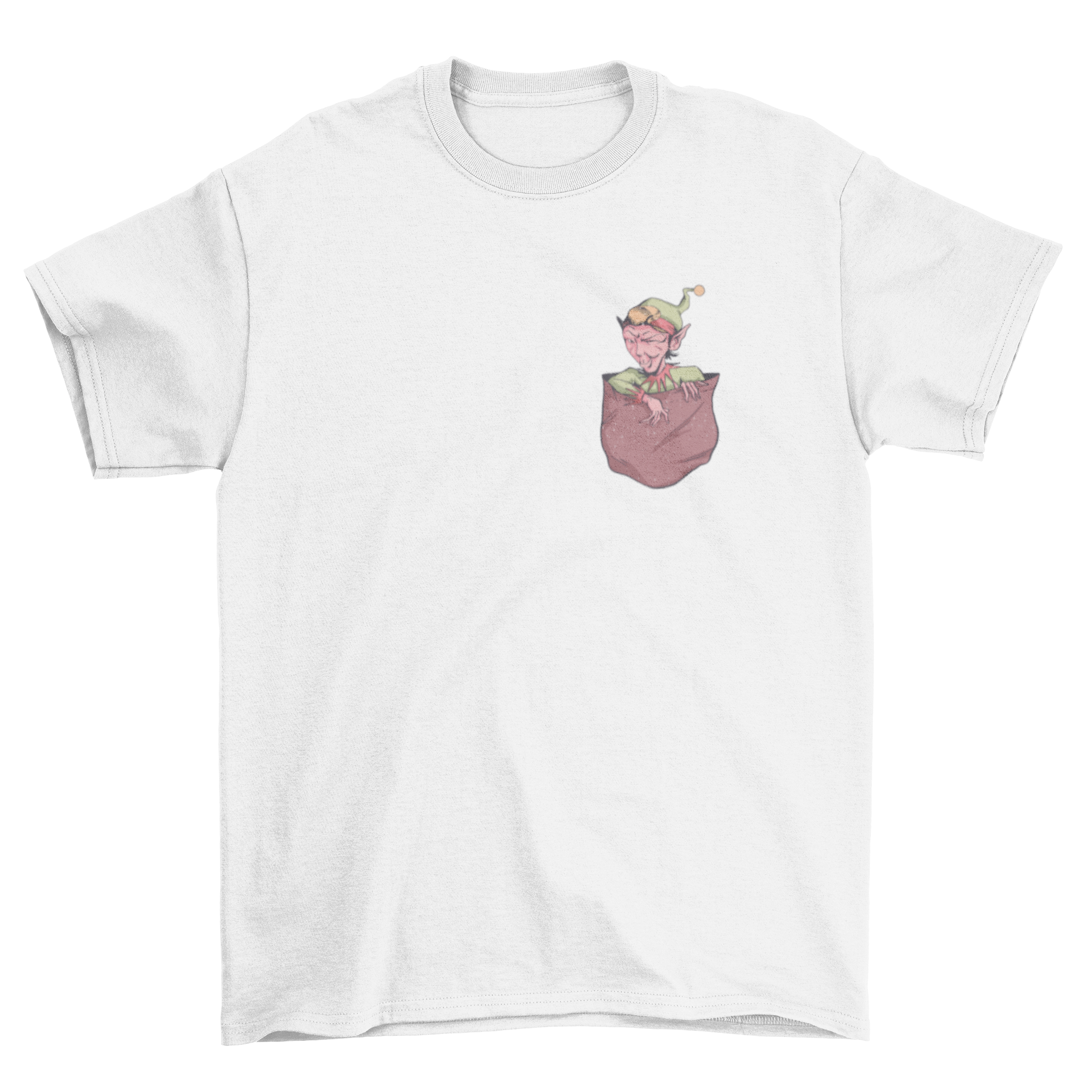 Cool t-shirt featuring an illustration of an evil elf coming out of a pocket, perfect for Christmas celebrations.