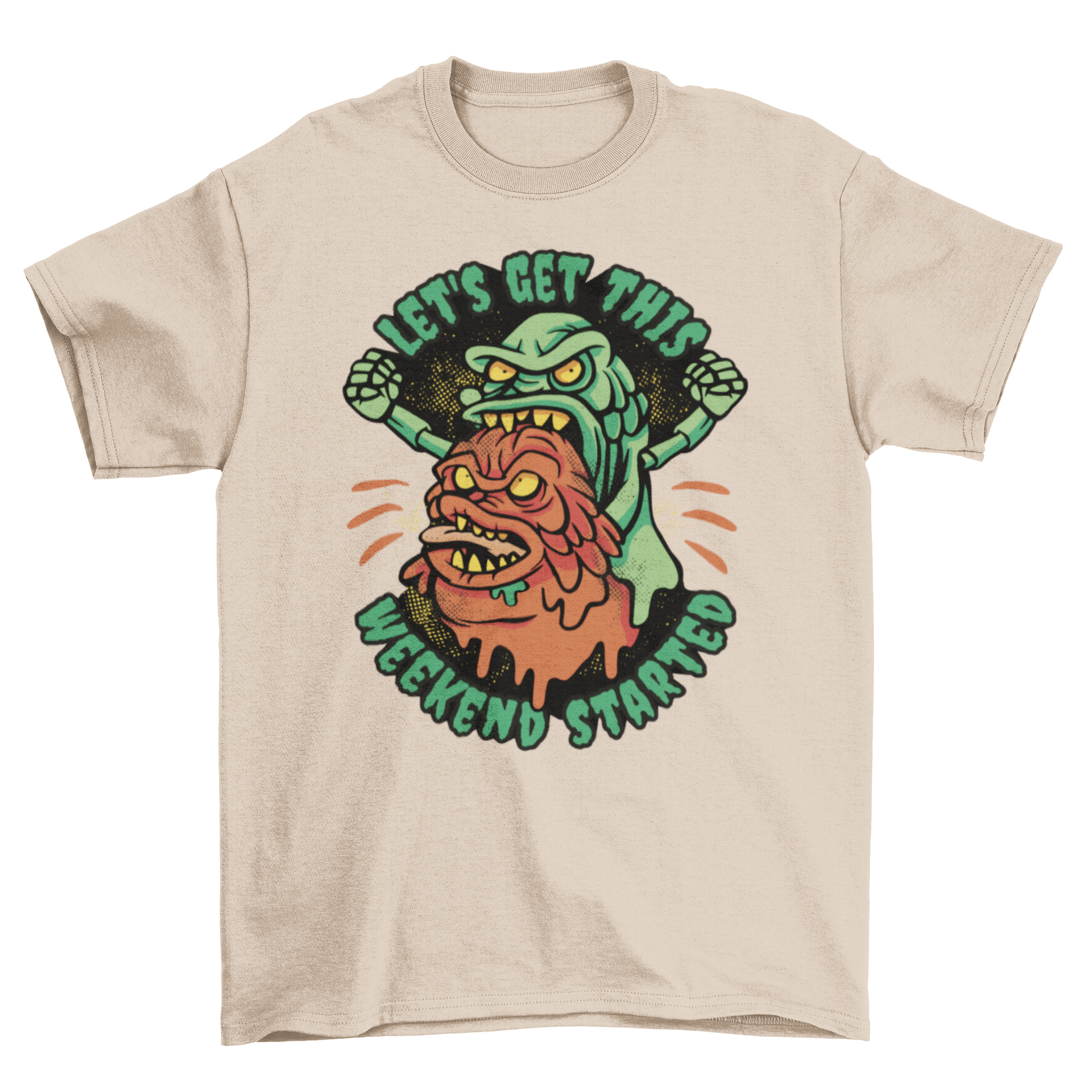 Cool Party Monsters T-Shirt featuring two colorful monsters and the quote 'Let's get this weekend started'.