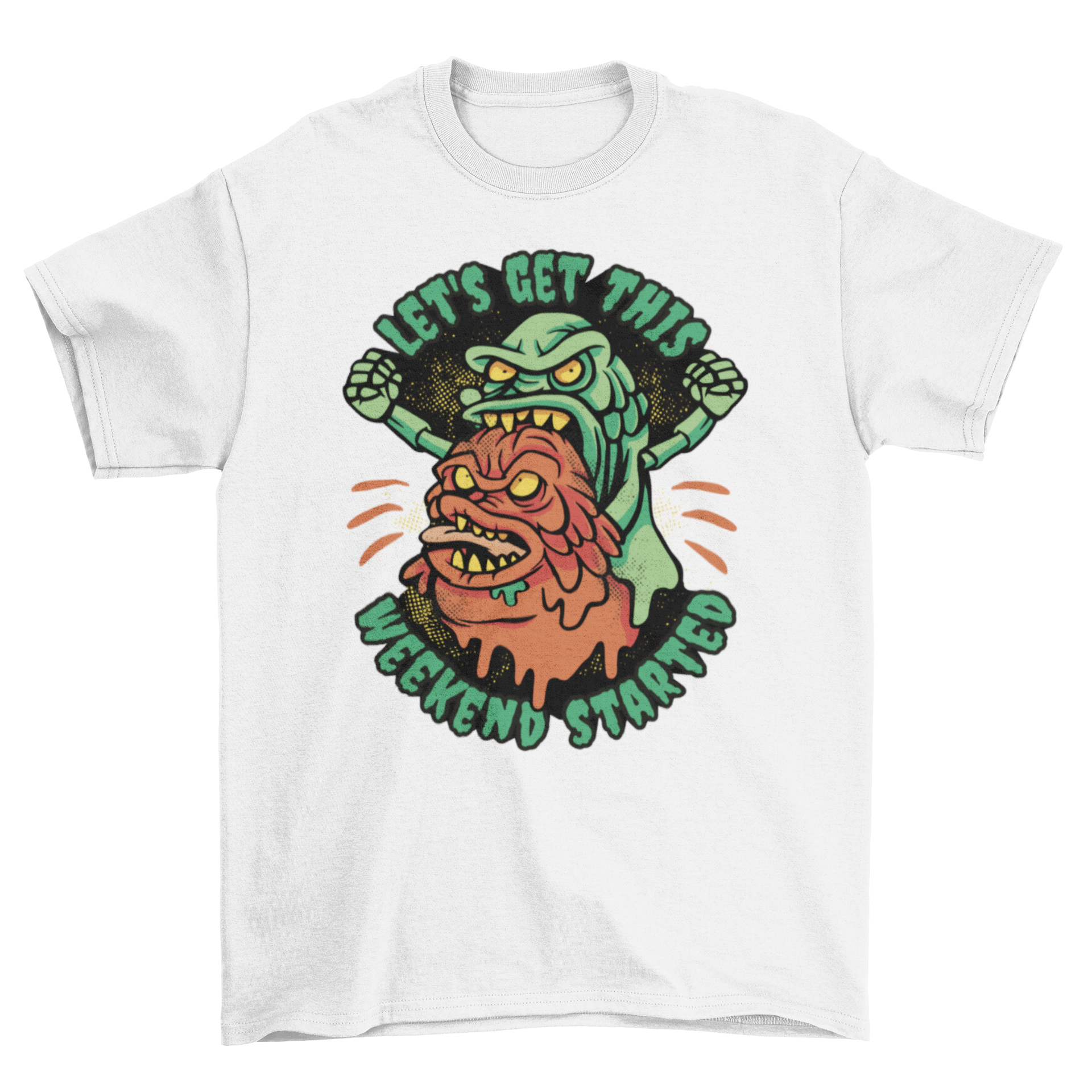 Cool Party Monsters T-Shirt featuring two colorful monsters and the quote 'Let's get this weekend started'.