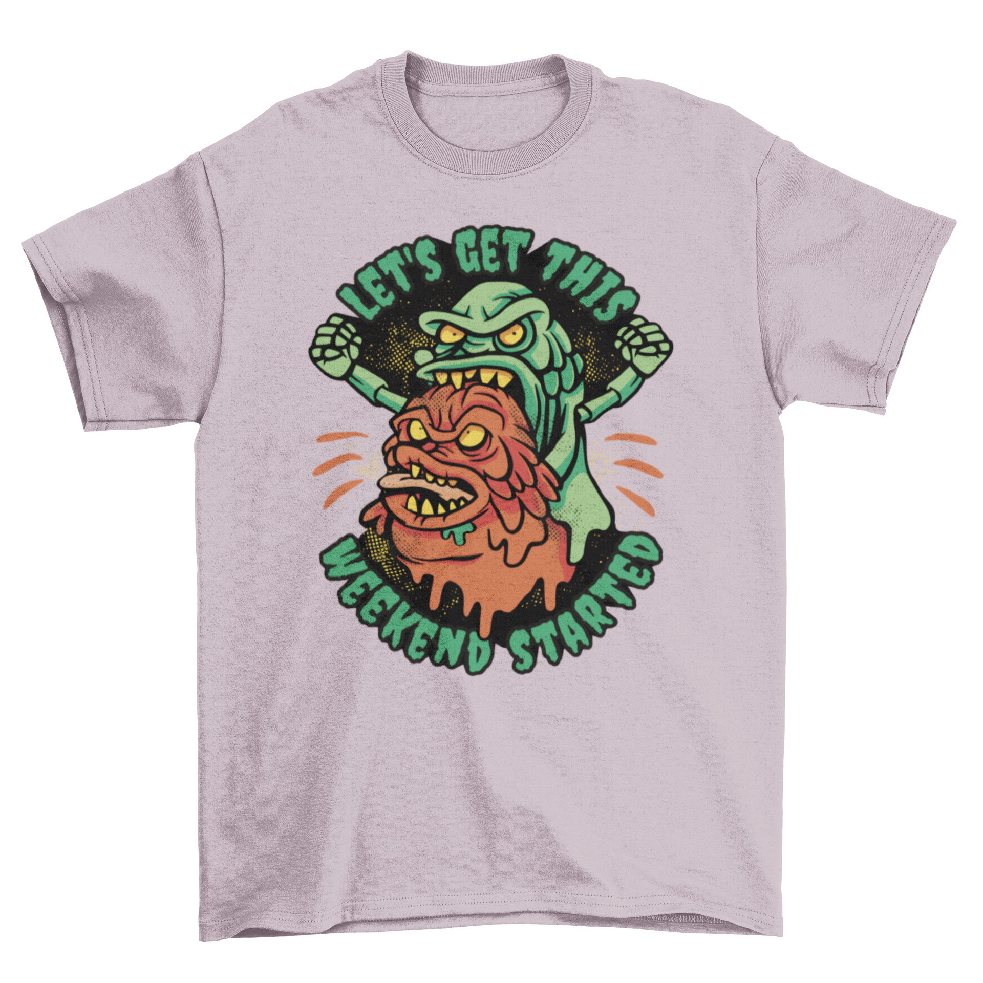 Cool Party Monsters T-Shirt featuring two colorful monsters and the quote 'Let's get this weekend started'.