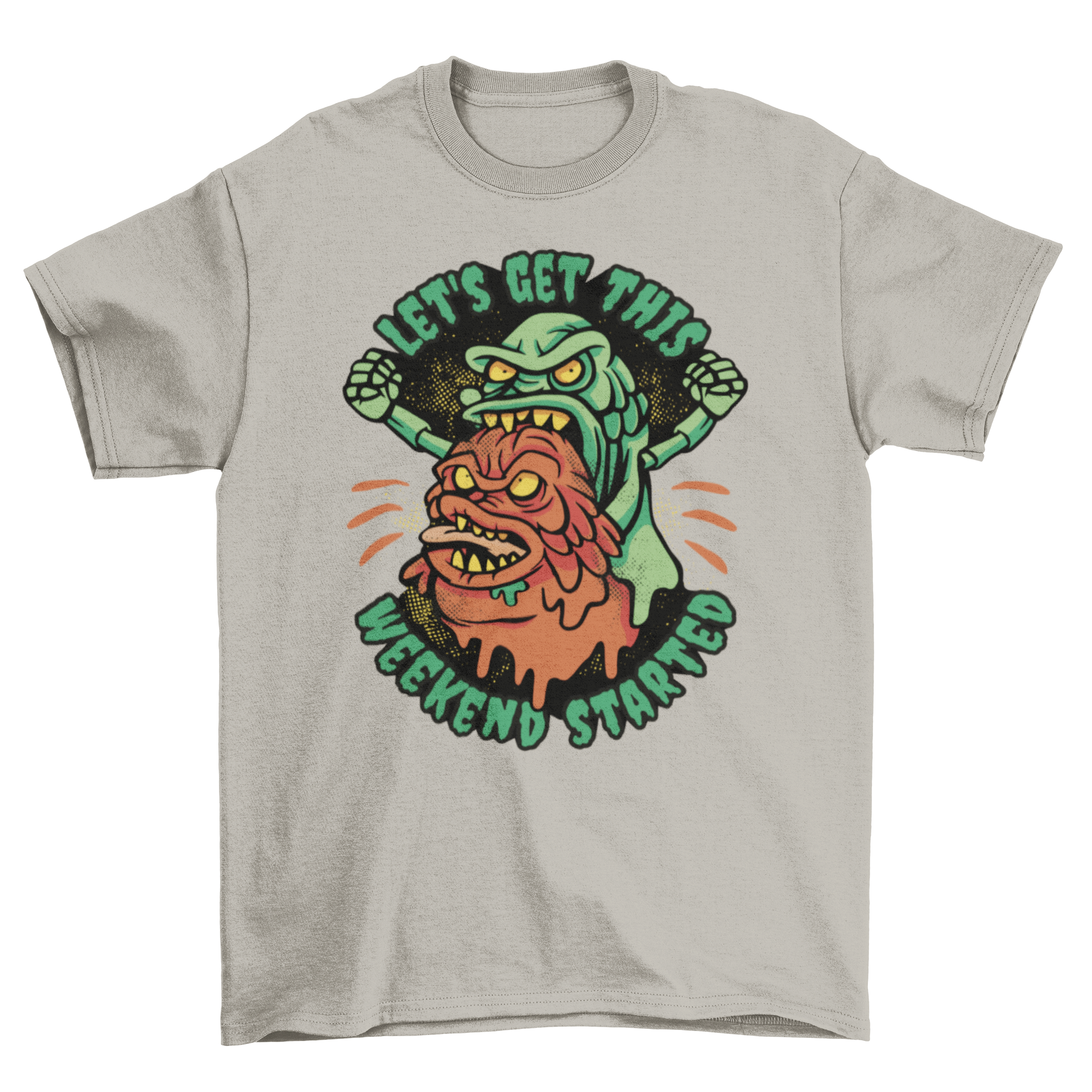 Cool Party Monsters T-Shirt featuring two colorful monsters and the quote 'Let's get this weekend started'.