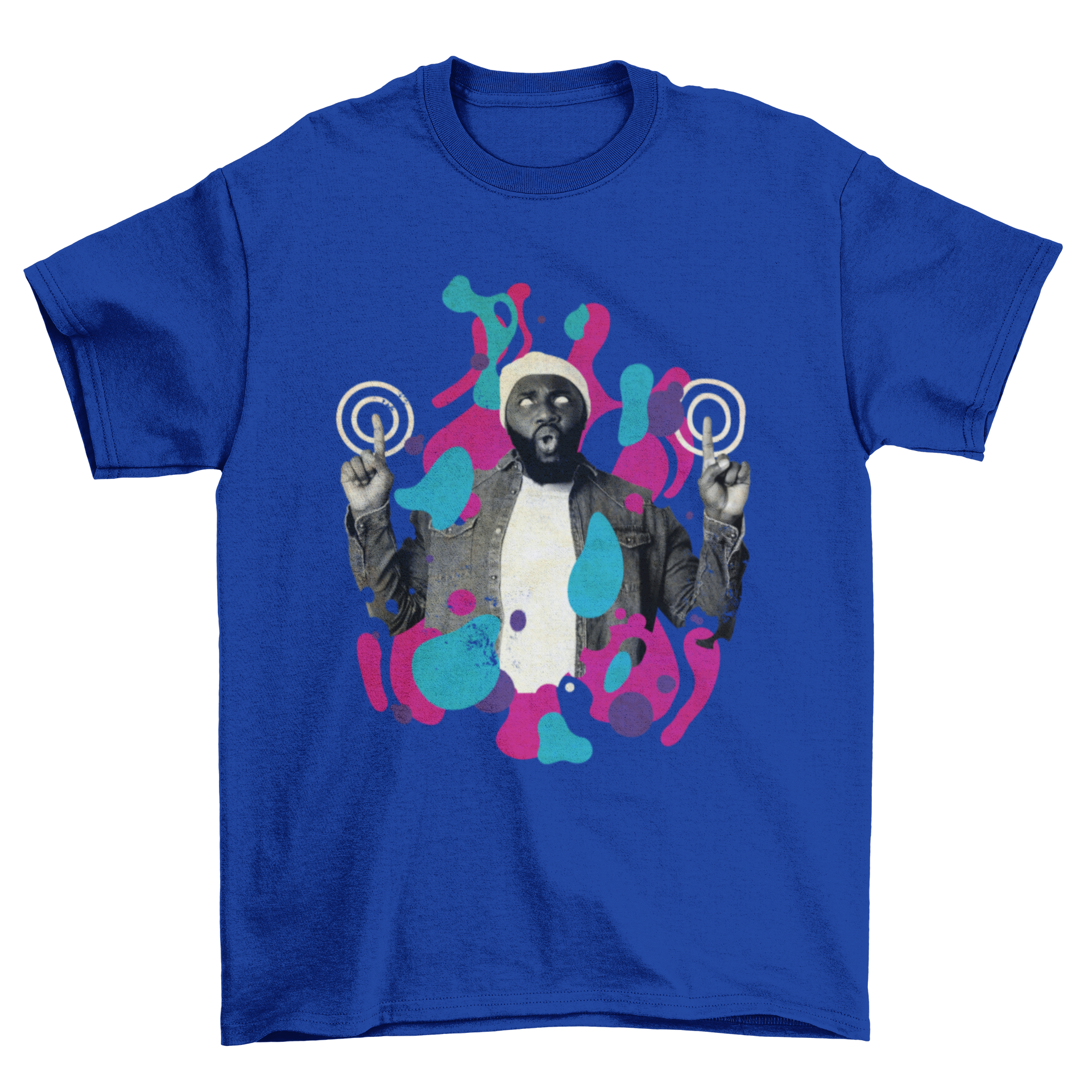 Cool People Man t-shirt featuring a man surrounded by vibrant colorful shapes, showcasing an artistic and abstract design.