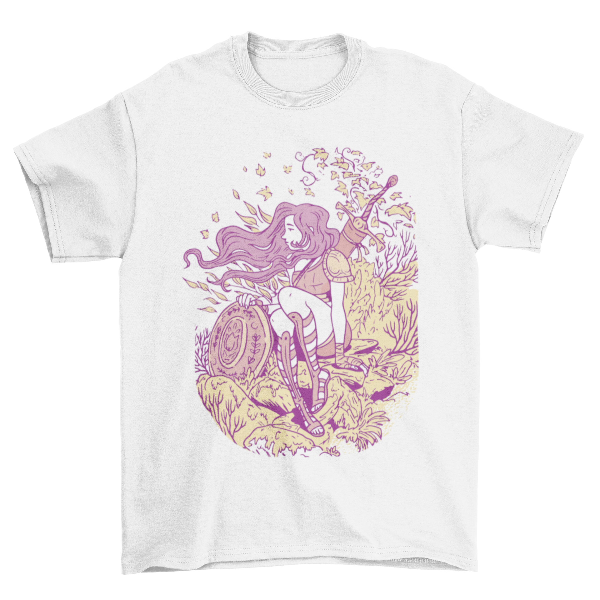 Cool Pink Fashion Bloom T-shirt featuring a strong female warrior sitting in nature, showcasing vibrant colors and empowering design.