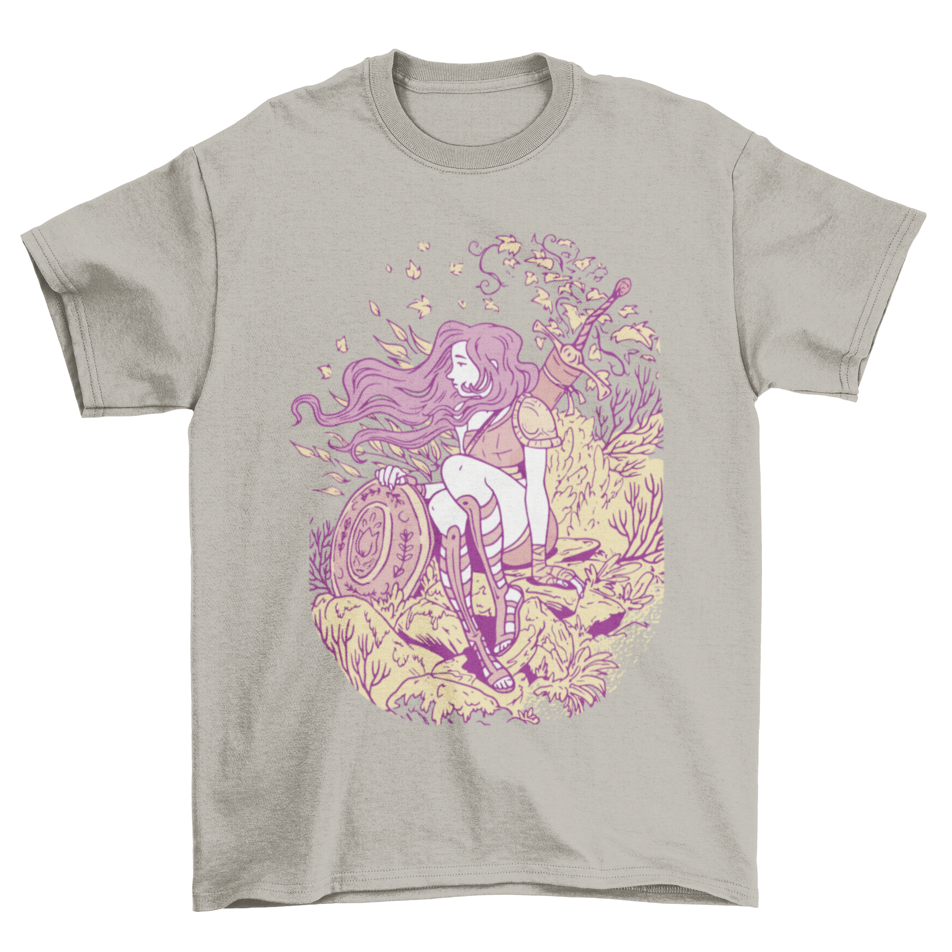 Cool Pink Fashion Bloom T-shirt featuring a strong female warrior sitting in nature, showcasing vibrant colors and empowering design.