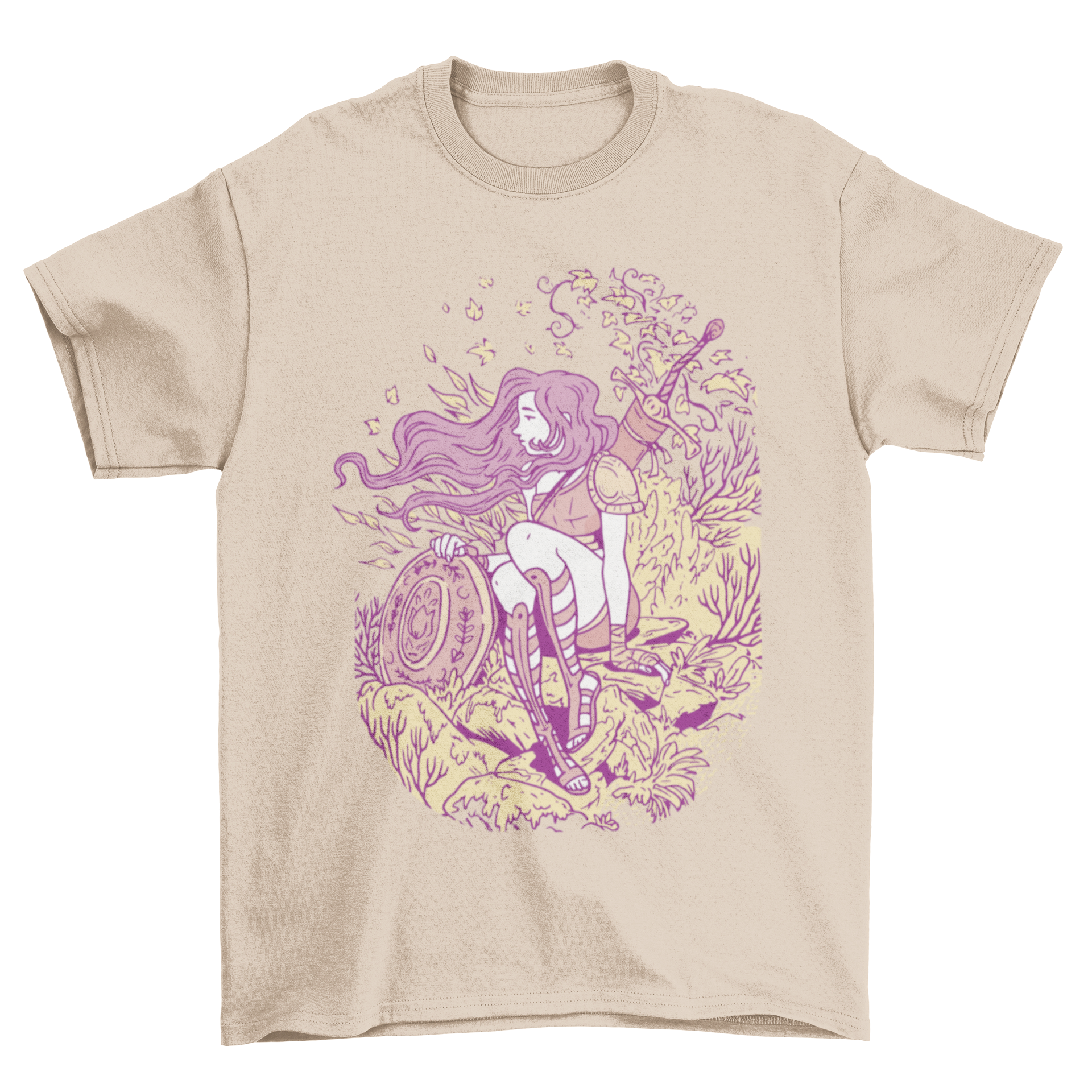 Cool Pink Fashion Bloom T-shirt featuring a strong female warrior sitting in nature, showcasing vibrant colors and empowering design.