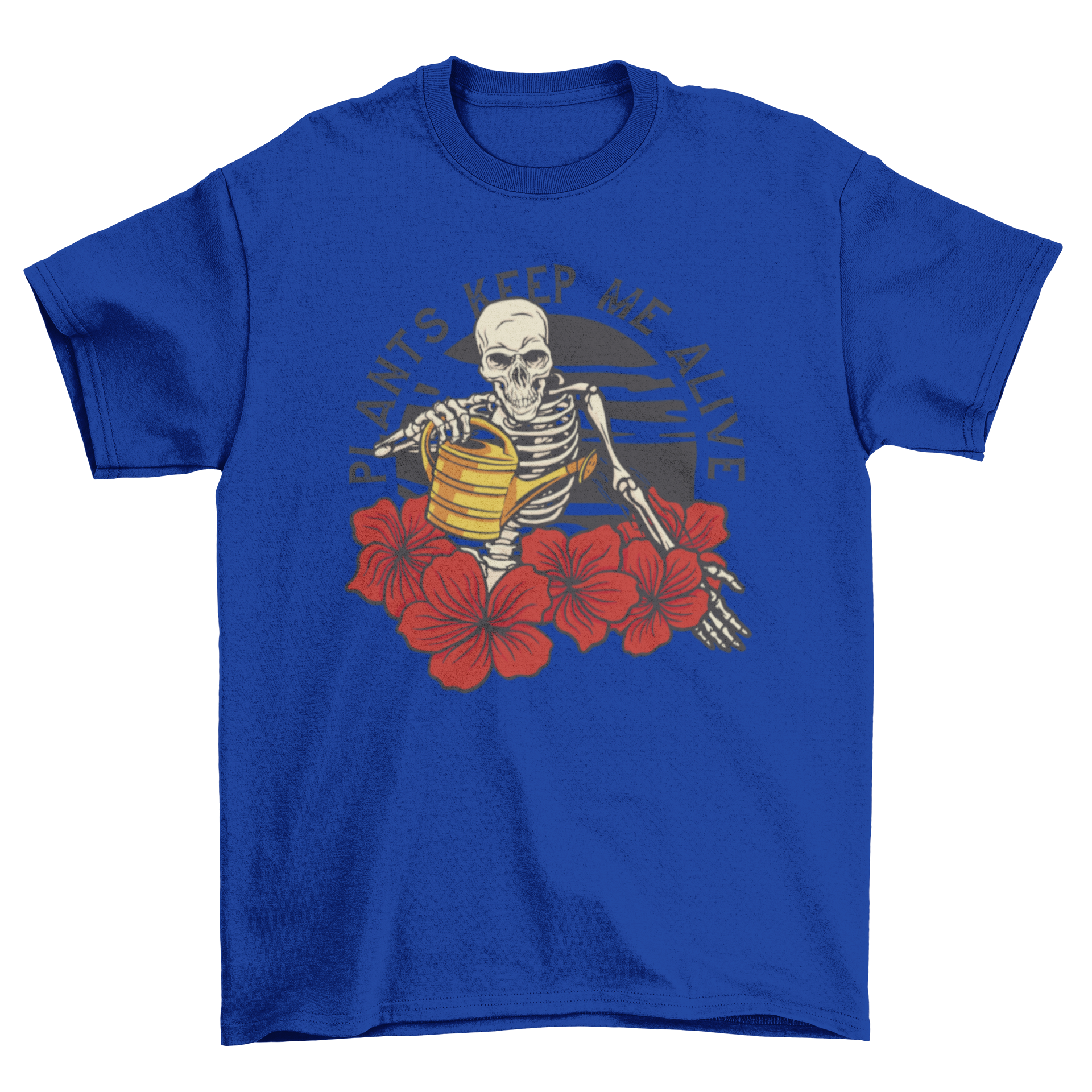 A spooky skeleton watering colorful flowers on a t-shirt with the quote 'Plants keep me alive'.