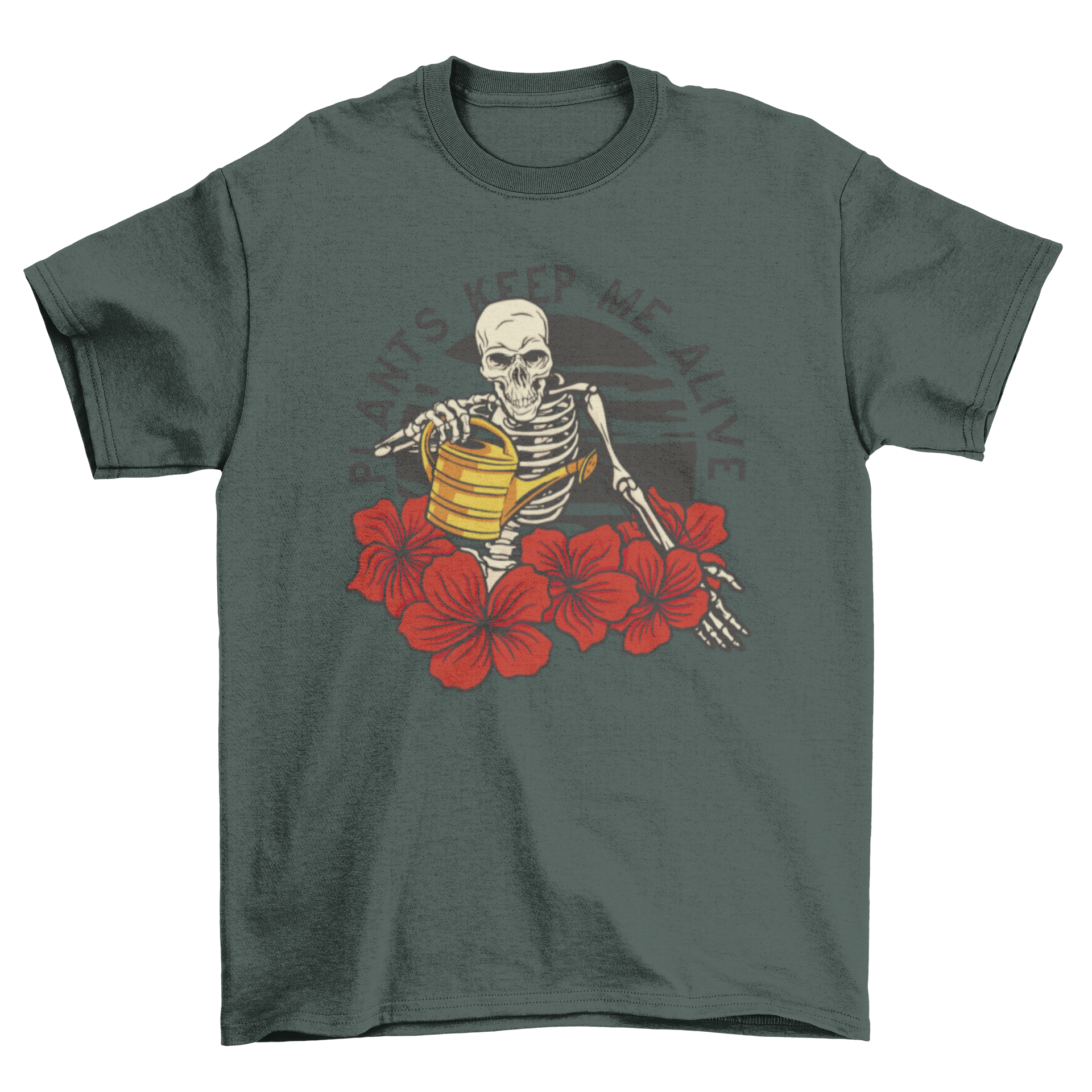 A spooky skeleton watering colorful flowers on a t-shirt with the quote 'Plants keep me alive'.