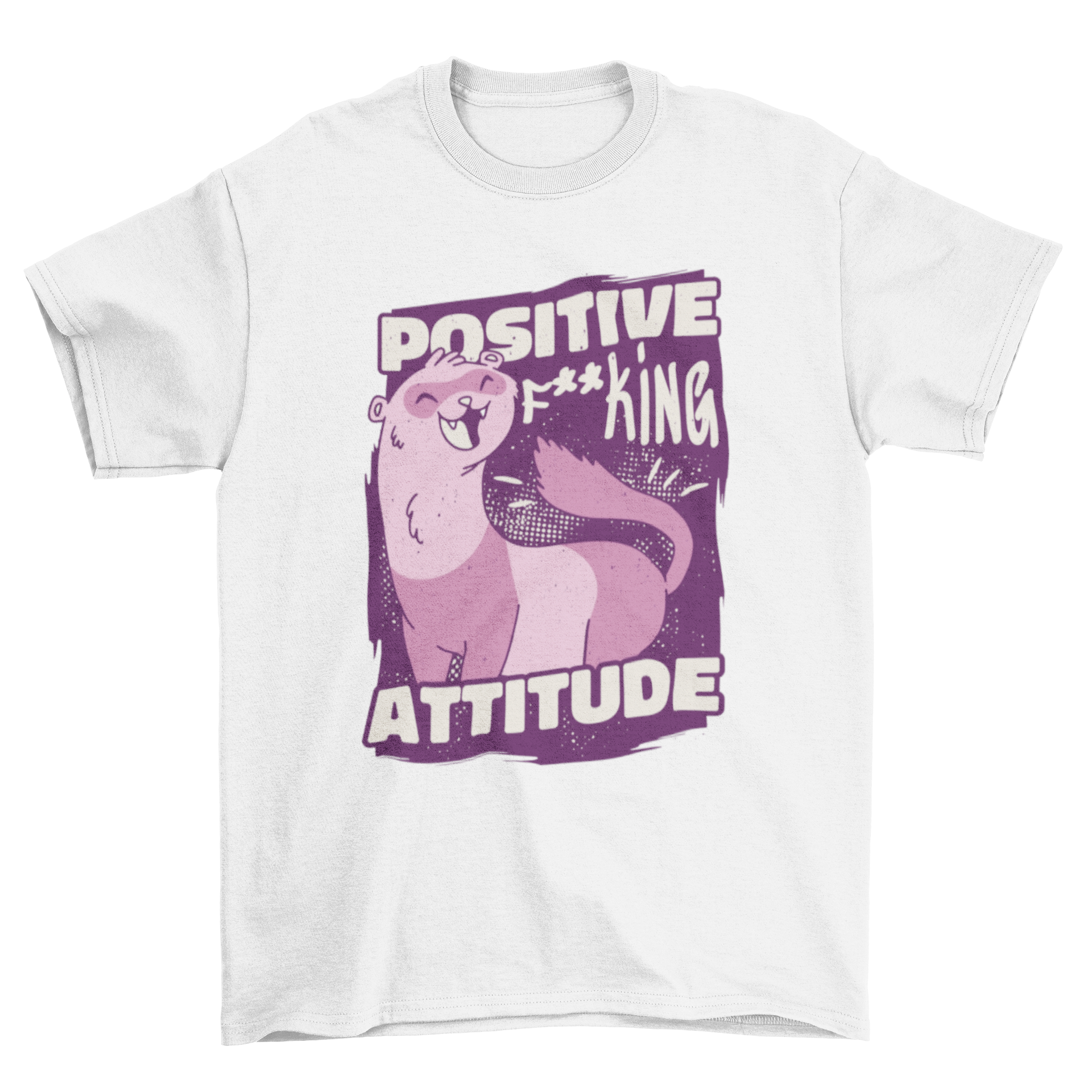 Cool t-shirt featuring a cartoon ferret and the quote 'Positive f**king attitude' in vibrant colors.