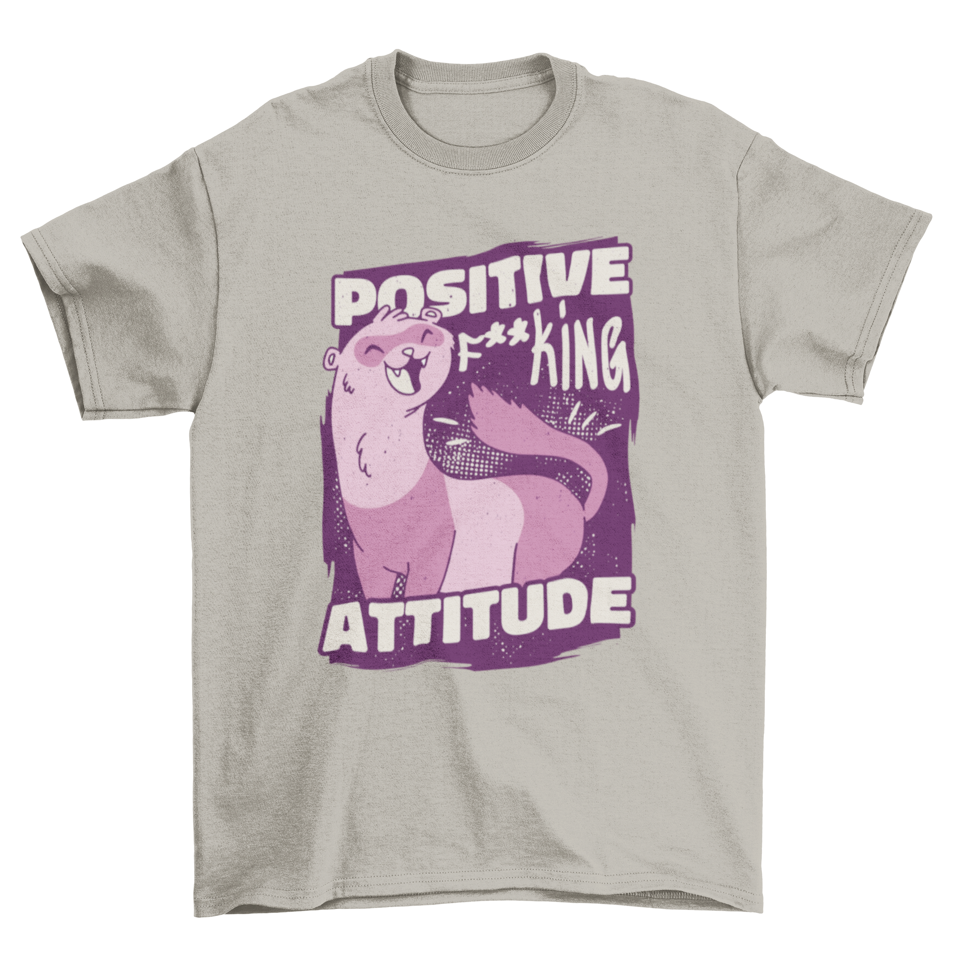 Cool t-shirt featuring a cartoon ferret and the quote 'Positive f**king attitude' in vibrant colors.