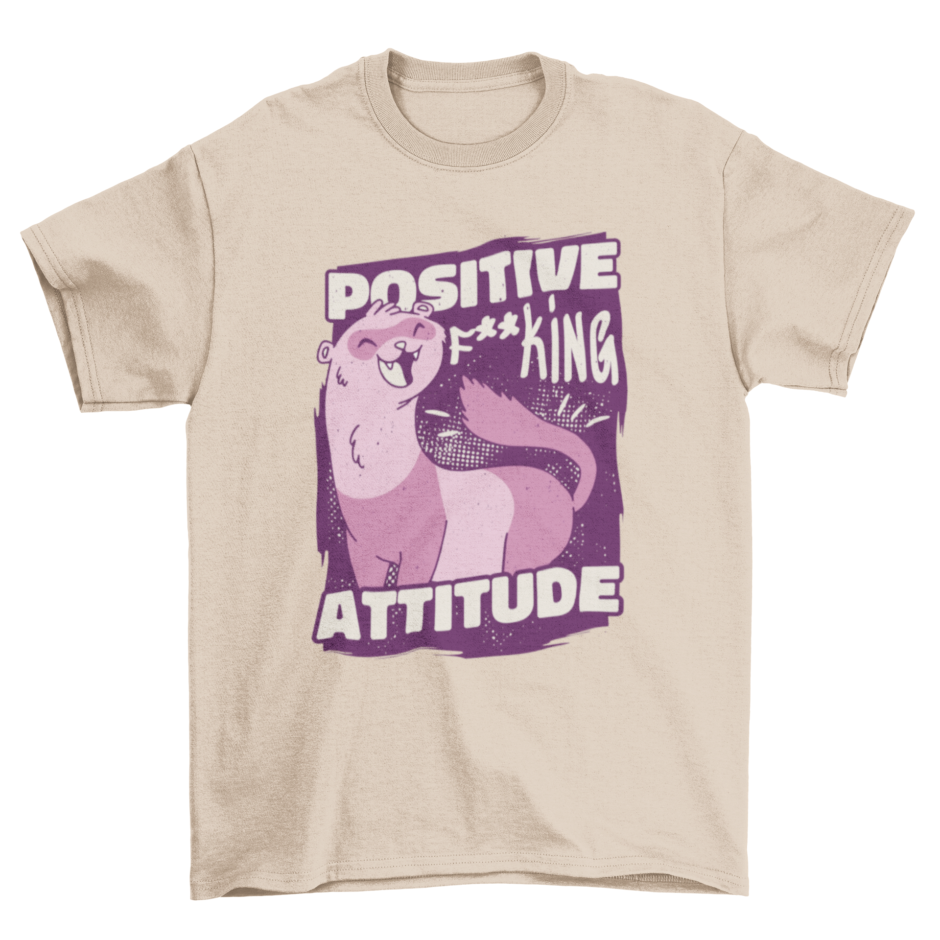 Cool t-shirt featuring a cartoon ferret and the quote 'Positive f**king attitude' in vibrant colors.