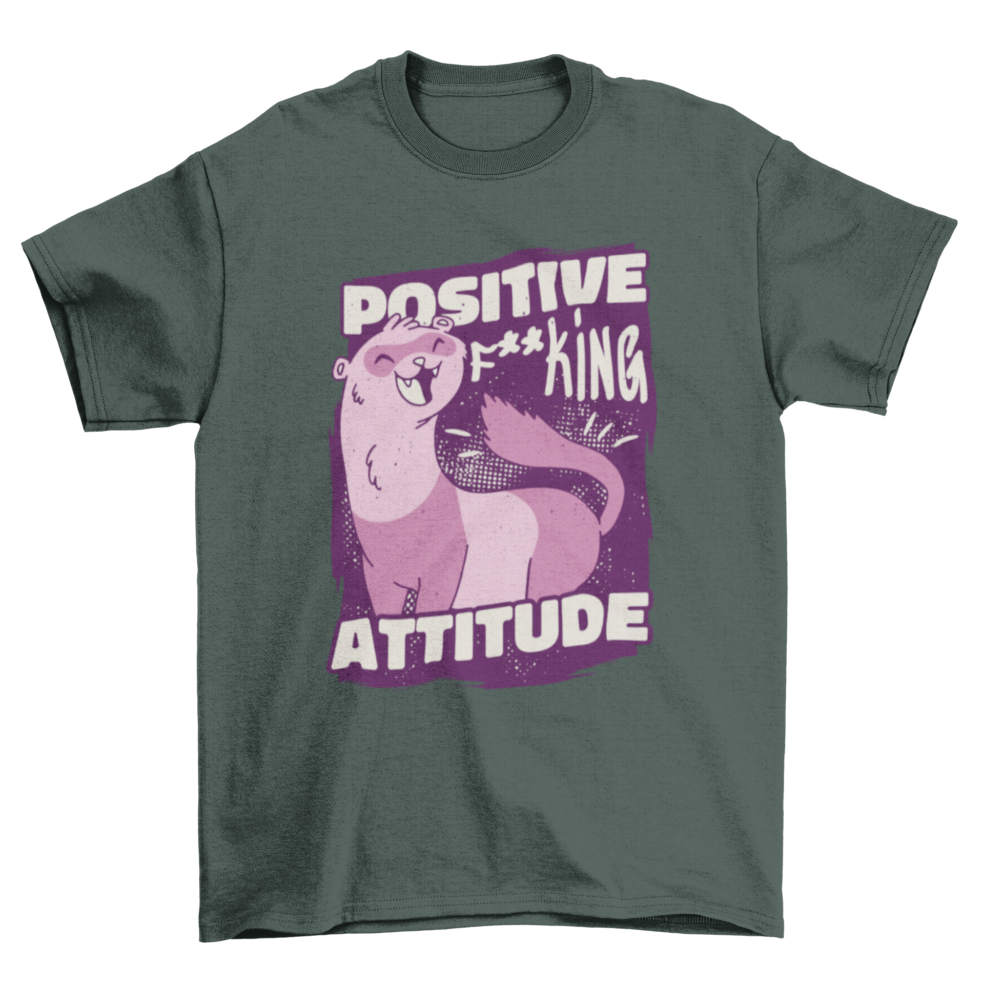 Cool t-shirt featuring a cartoon ferret and the quote 'Positive f**king attitude' in vibrant colors.