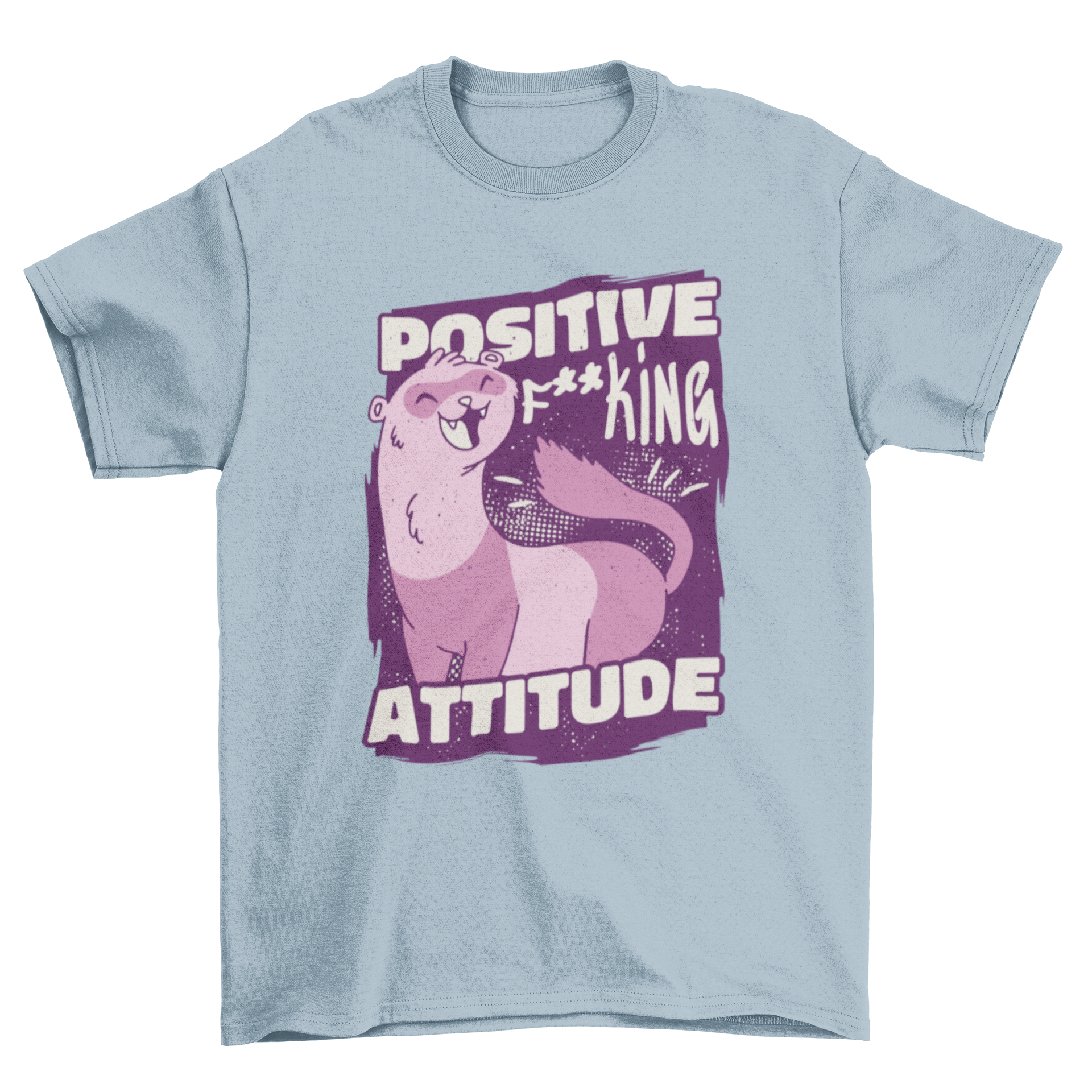 Cool t-shirt featuring a cartoon ferret and the quote 'Positive f**king attitude' in vibrant colors.