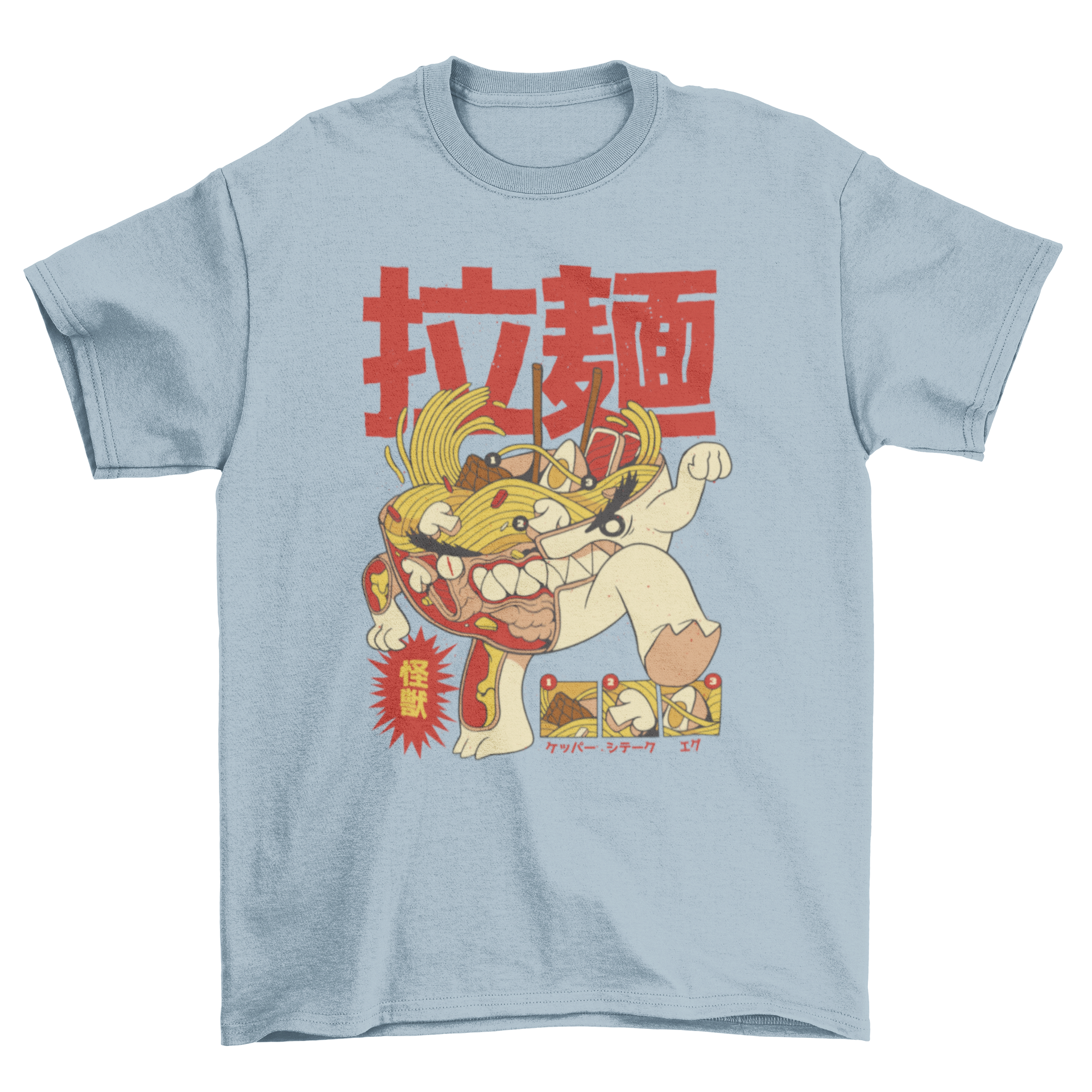 Cool ramen x-ray t-shirt featuring a ramen character in Japanese style design.