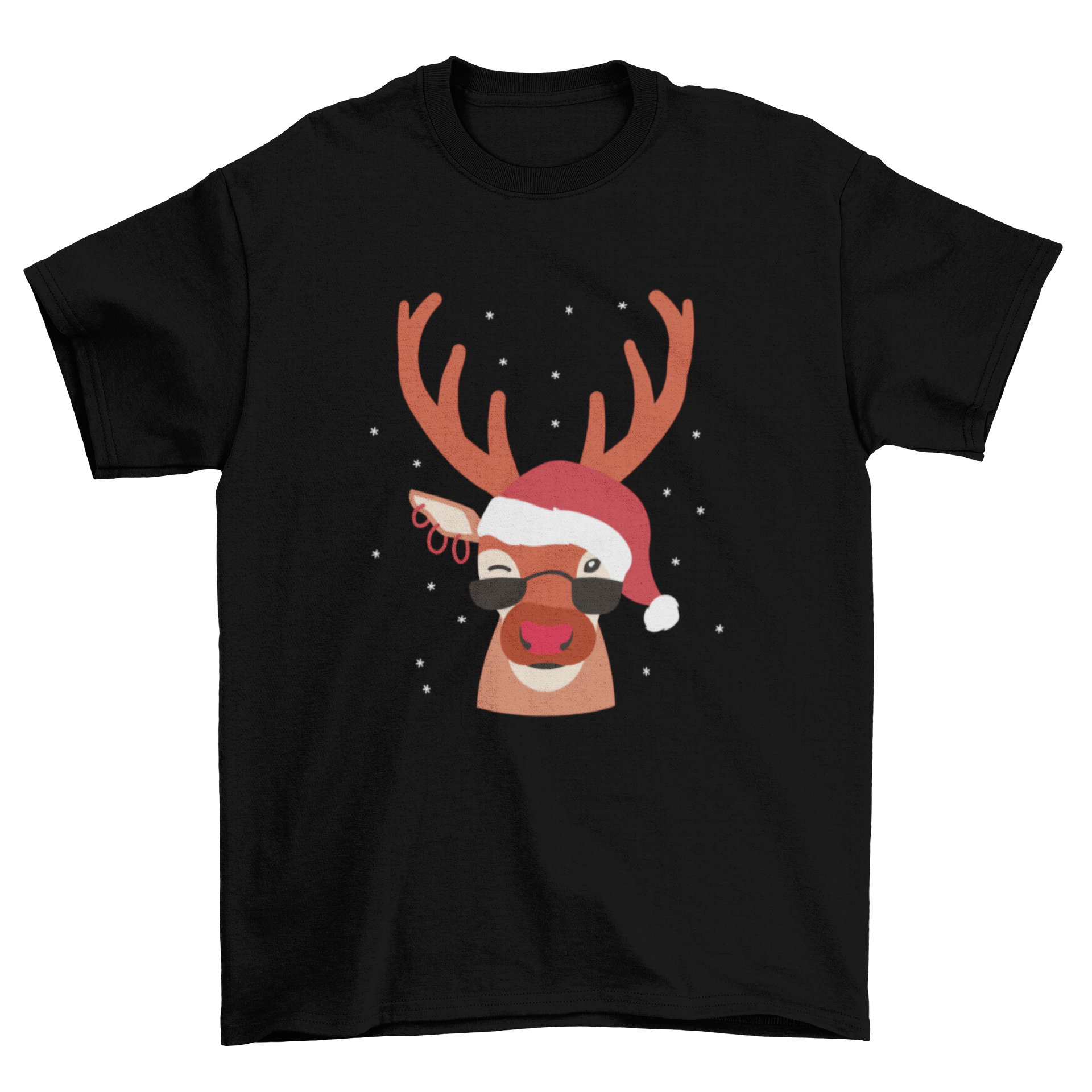 Cool Christmas t-shirt design featuring a reindeer with sunglasses and earrings, perfect for festive celebrations.