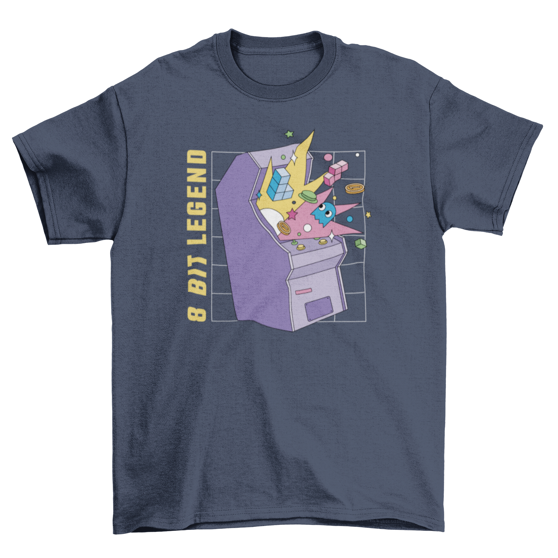 Cool retro arcade t-shirt featuring an exploding screen design and the quote '8 bit legend'. Perfect for gamers and retro enthusiasts.