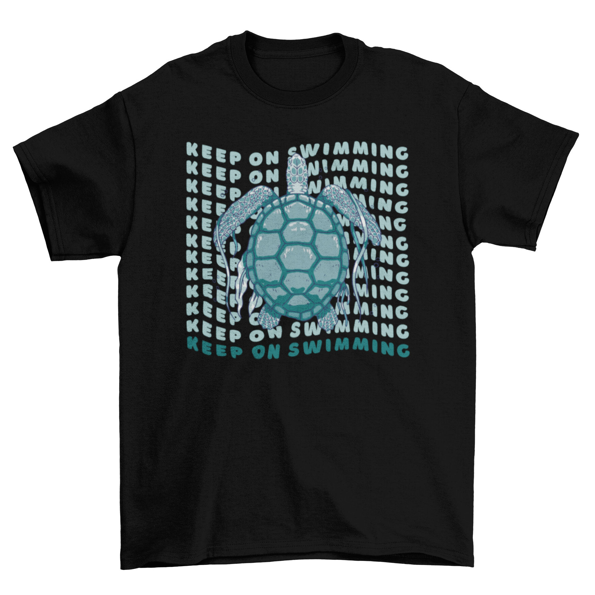 A vibrant Cool Sea Turtle T-Shirt featuring a sea turtle graphic and the quote 'Keep on swimming'.