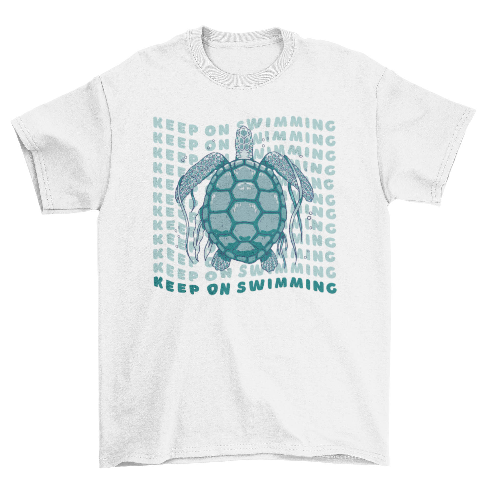 A vibrant Cool Sea Turtle T-Shirt featuring a sea turtle graphic and the quote 'Keep on swimming'.