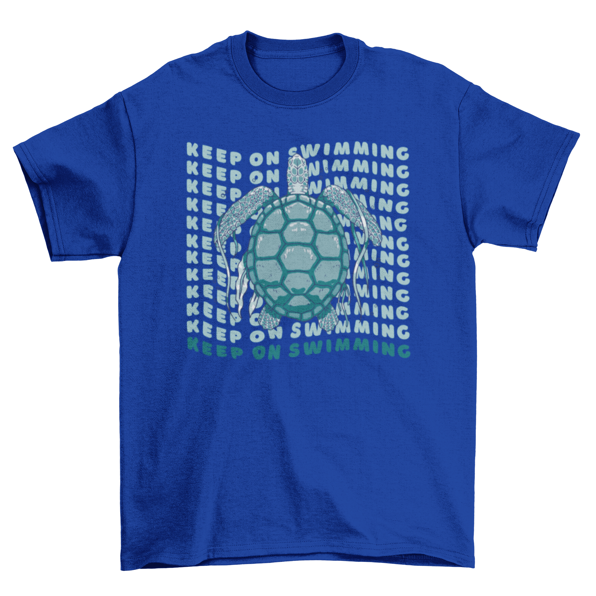 A vibrant Cool Sea Turtle T-Shirt featuring a sea turtle graphic and the quote 'Keep on swimming'.