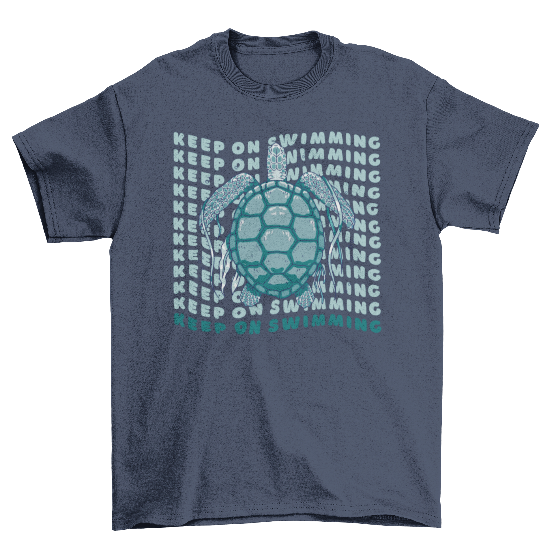 A vibrant Cool Sea Turtle T-Shirt featuring a sea turtle graphic and the quote 'Keep on swimming'.