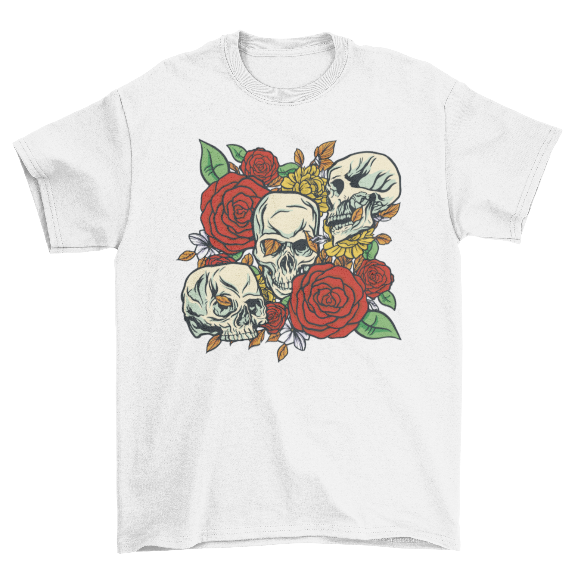 Cool skulls and roses graphic t-shirt design featuring a skull illustration surrounded by vibrant roses.