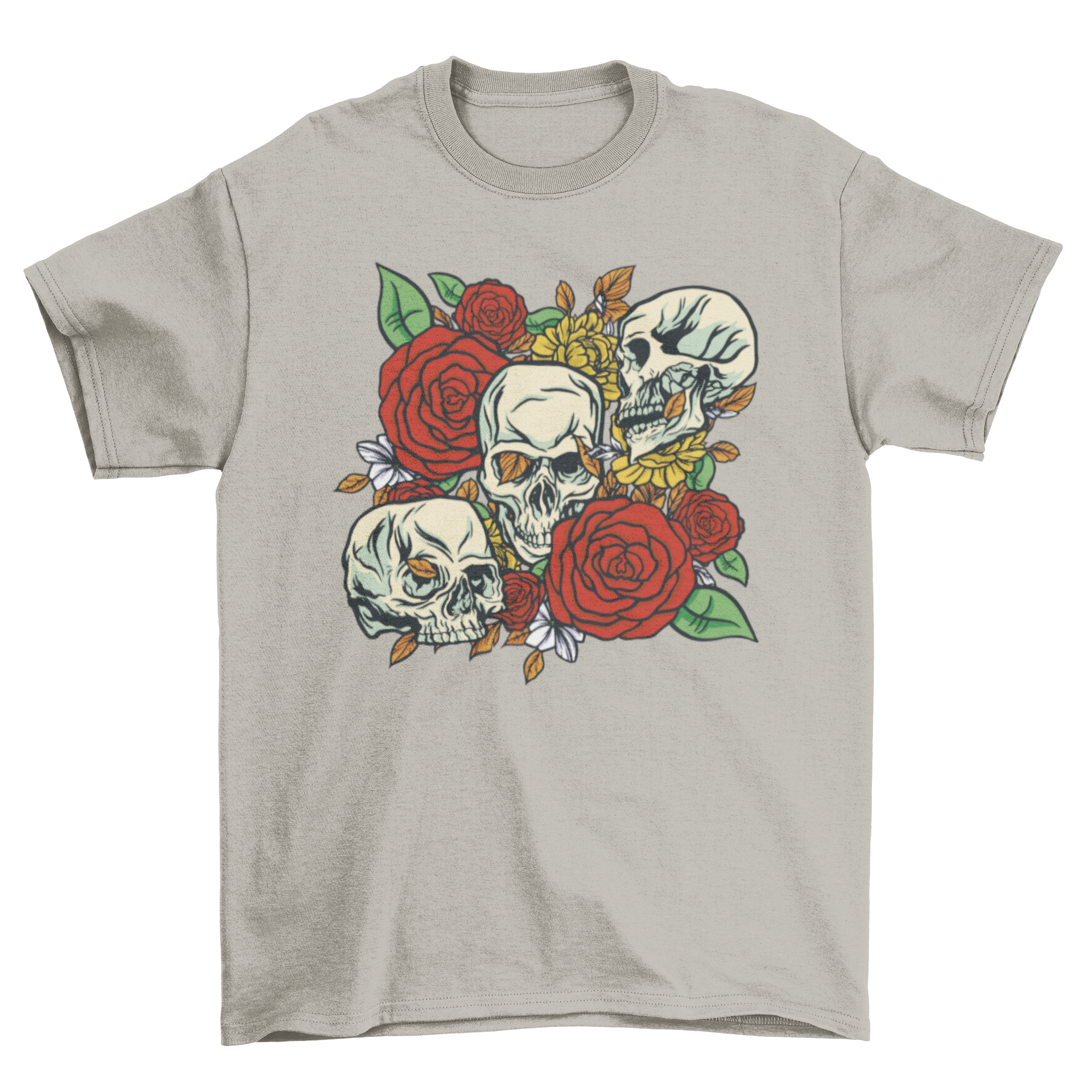 Cool skulls and roses graphic t-shirt design featuring a skull illustration surrounded by vibrant roses.