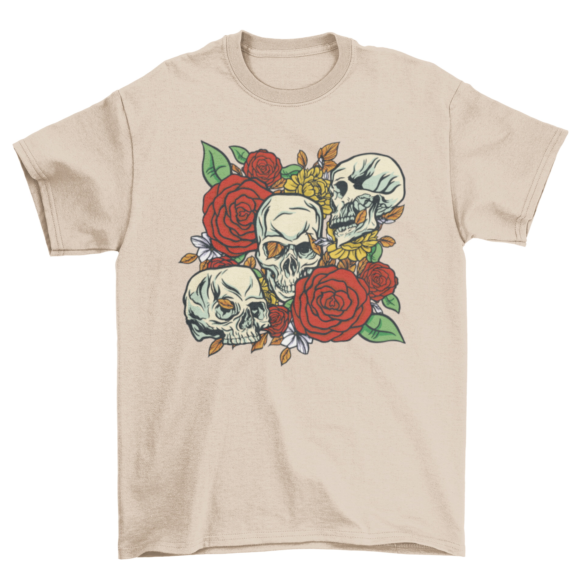 Cool skulls and roses graphic t-shirt design featuring a skull illustration surrounded by vibrant roses.