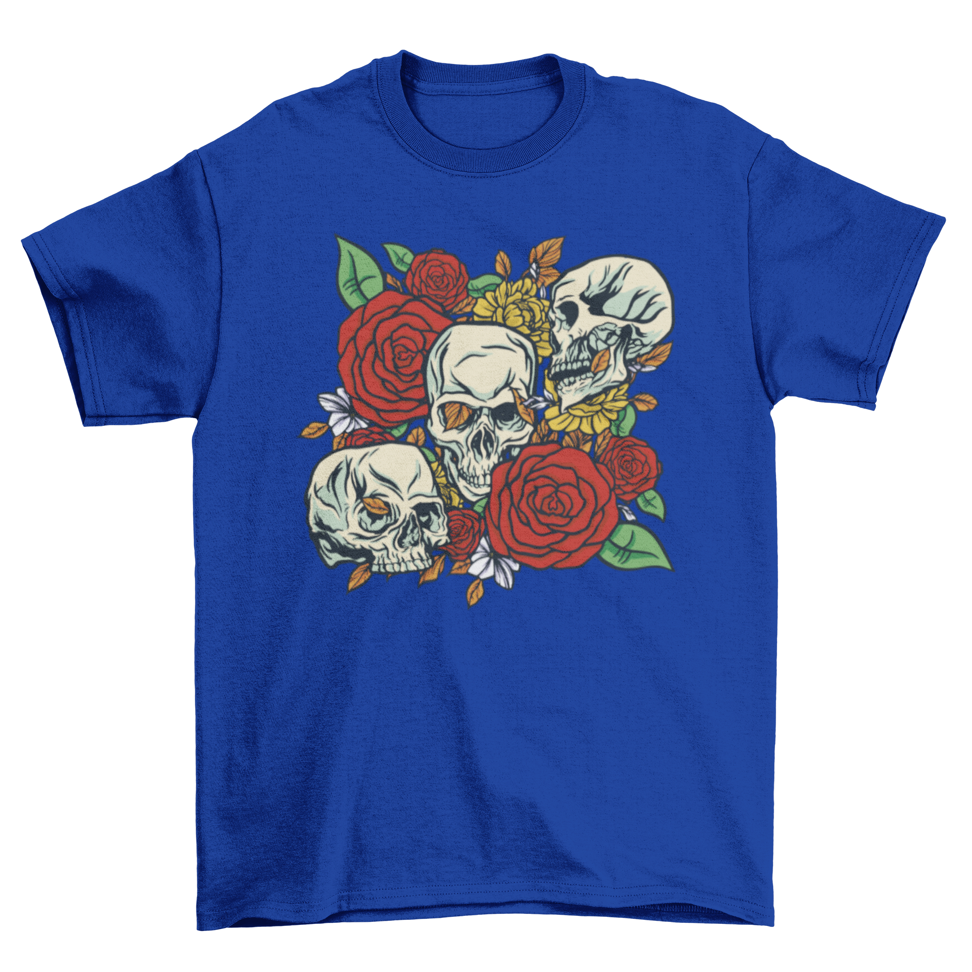 Cool skulls and roses graphic t-shirt design featuring a skull illustration surrounded by vibrant roses.