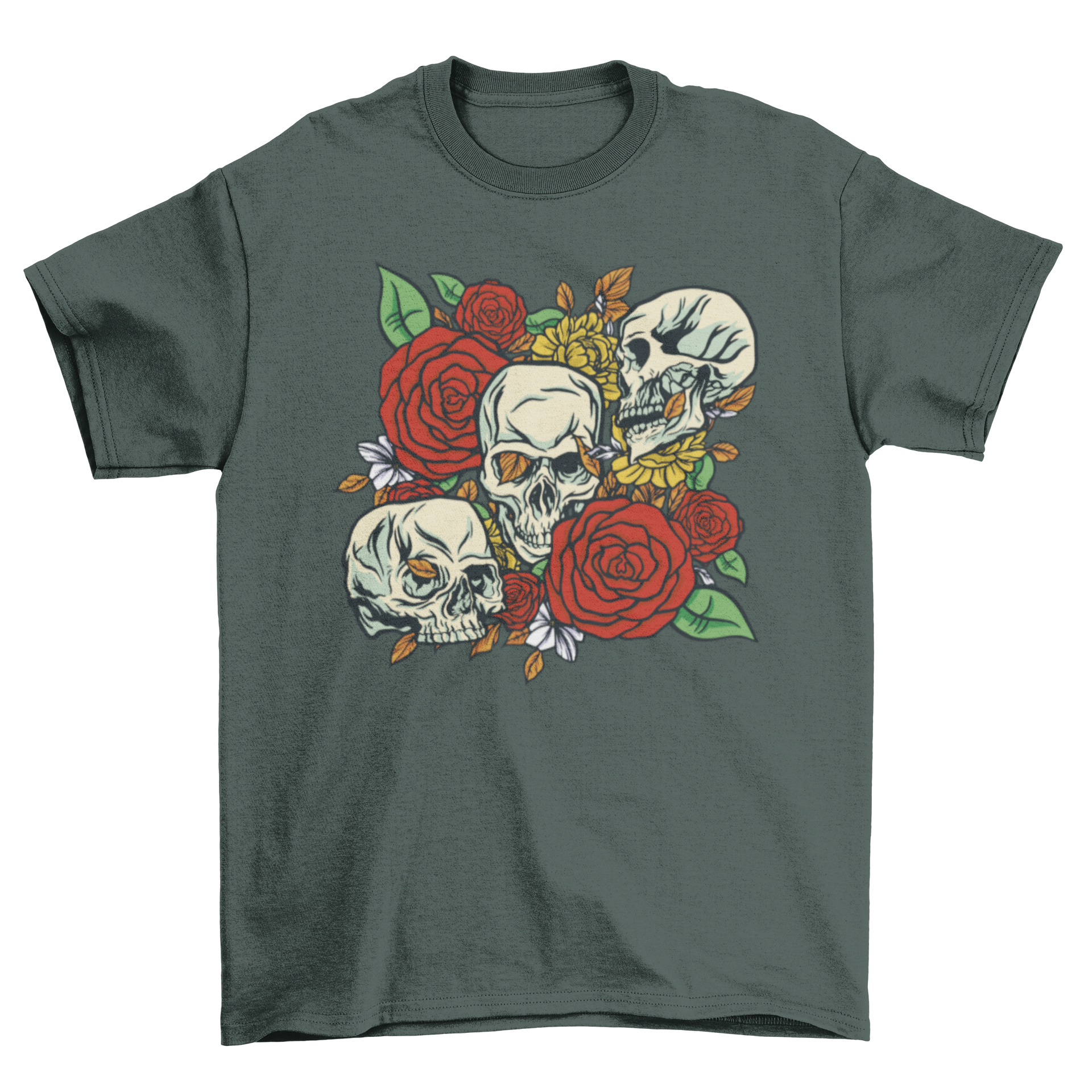 Cool skulls and roses graphic t-shirt design featuring a skull illustration surrounded by vibrant roses.