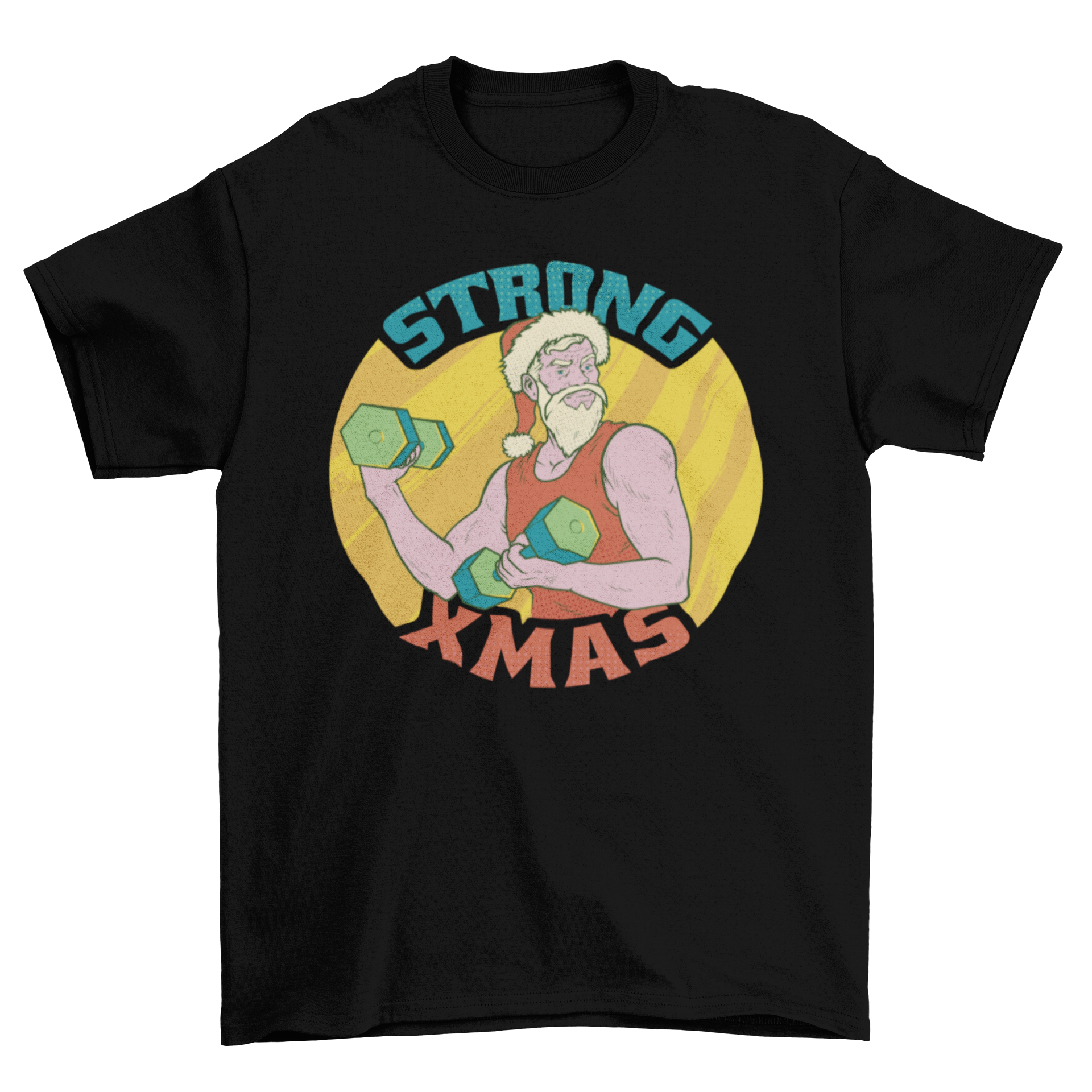 Cool Strong Christmas t-shirt featuring Santa Claus lifting weights with the quote 'Strong xmas'.