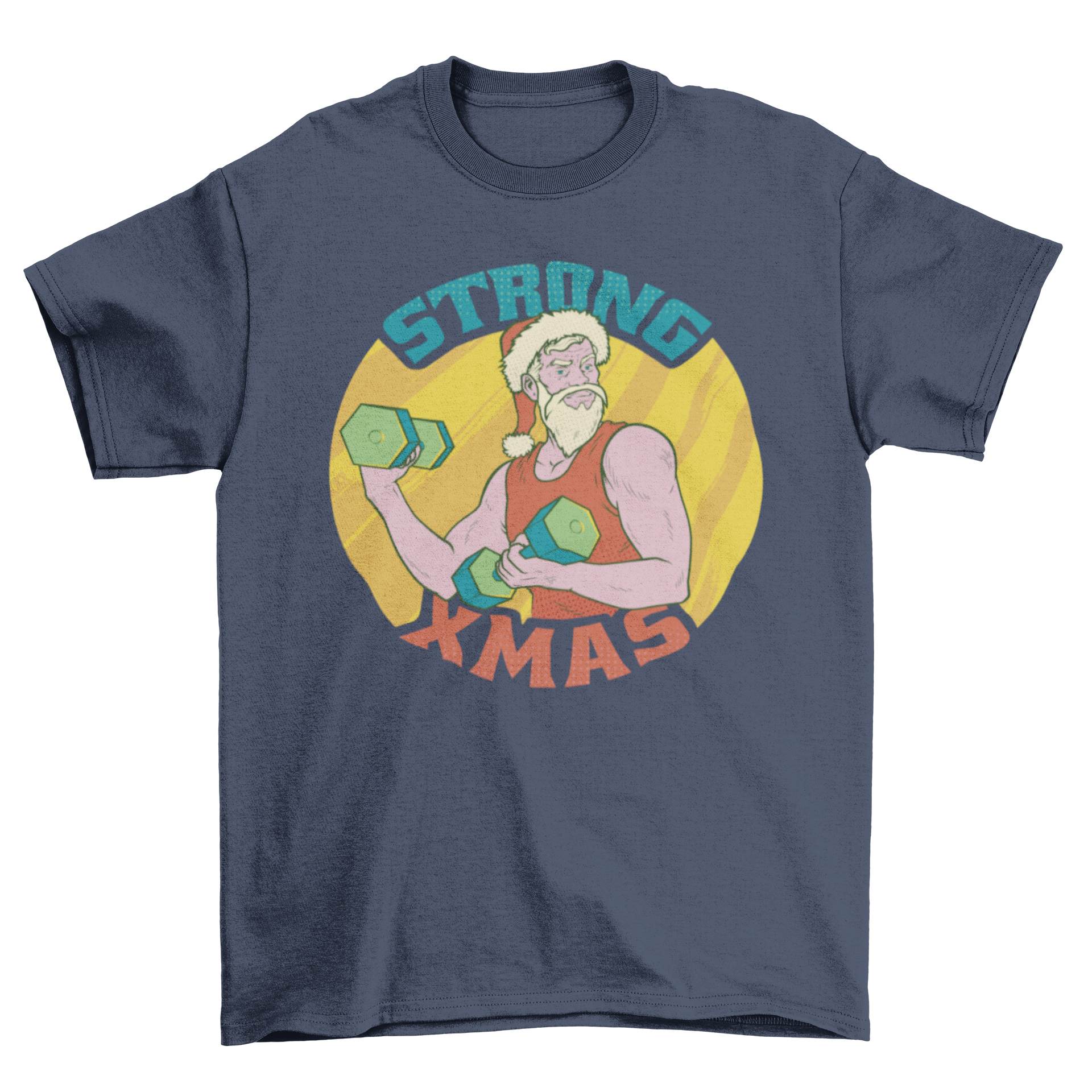 Cool Strong Christmas t-shirt featuring Santa Claus lifting weights with the quote 'Strong xmas'.