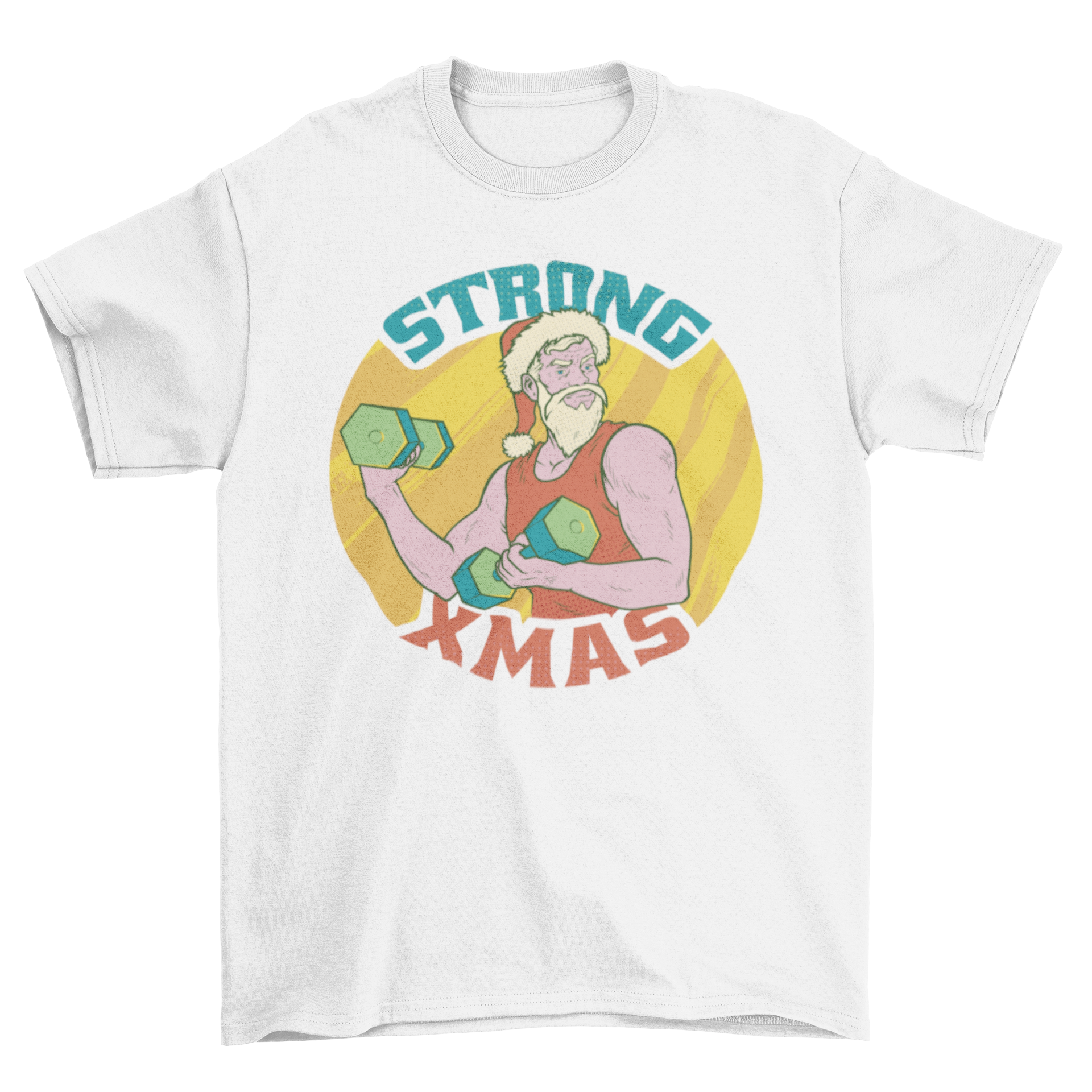 Cool Strong Christmas t-shirt featuring Santa Claus lifting weights with the quote 'Strong xmas'.