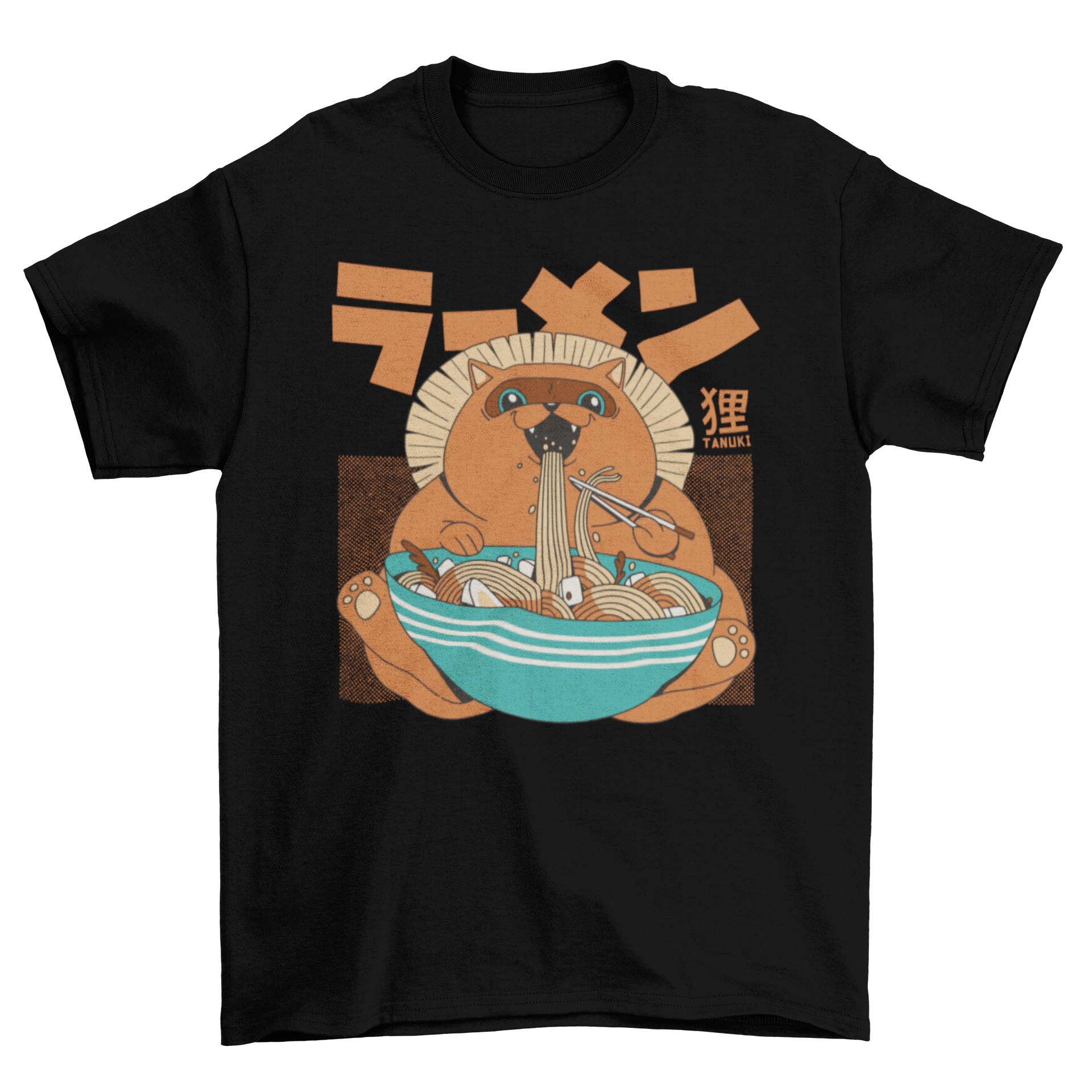 Cool tanuki graphic t-shirt featuring a tanuki eating ramen, perfect for anime fans.