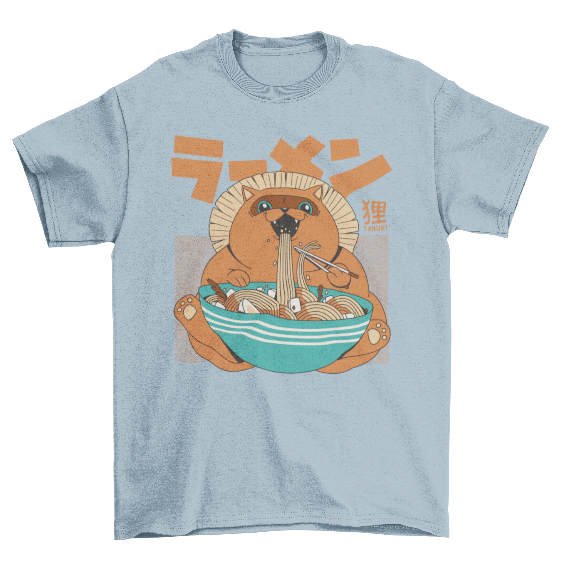 Cool tanuki graphic t-shirt featuring a tanuki eating ramen, perfect for anime fans.