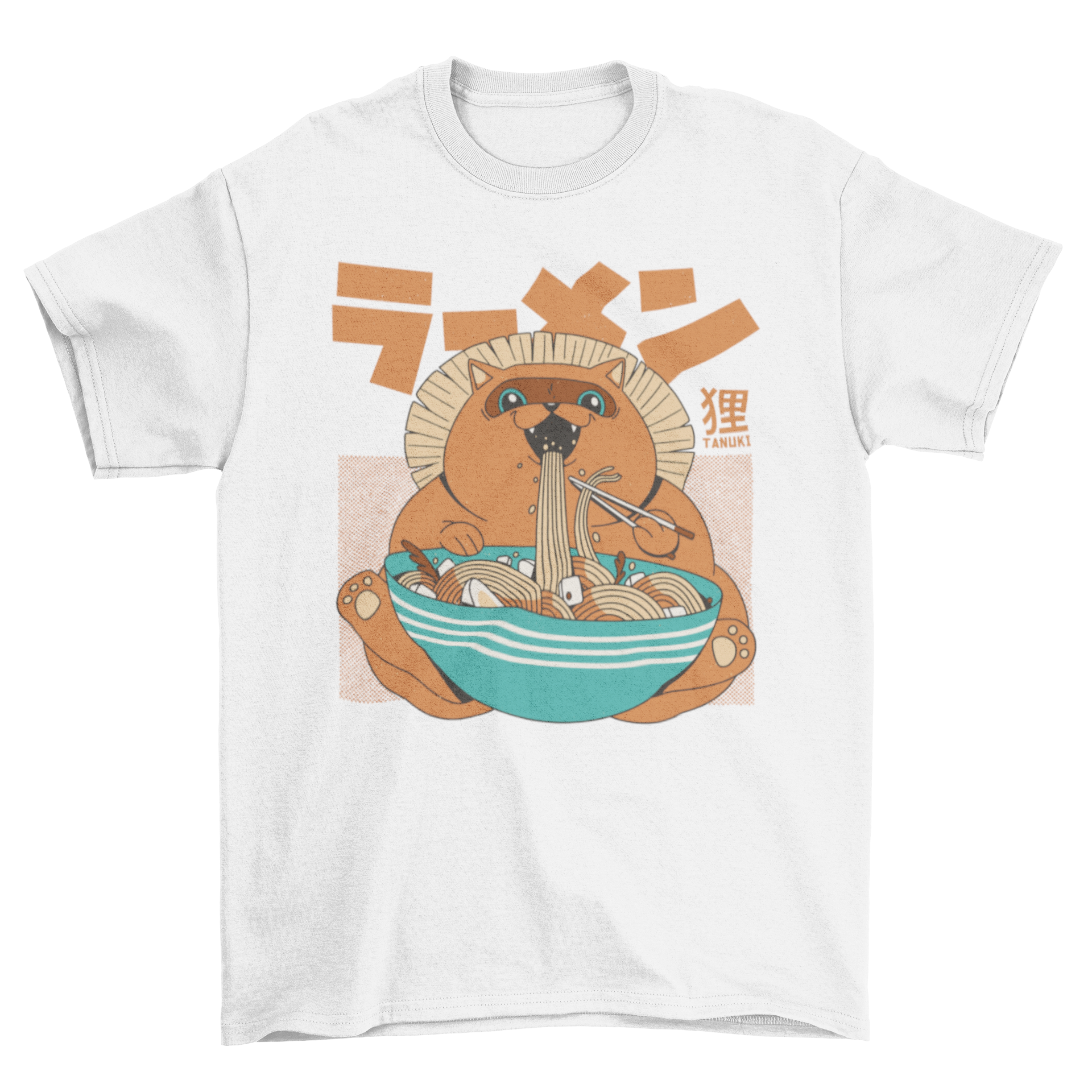 Cool tanuki graphic t-shirt featuring a tanuki eating ramen, perfect for anime fans.