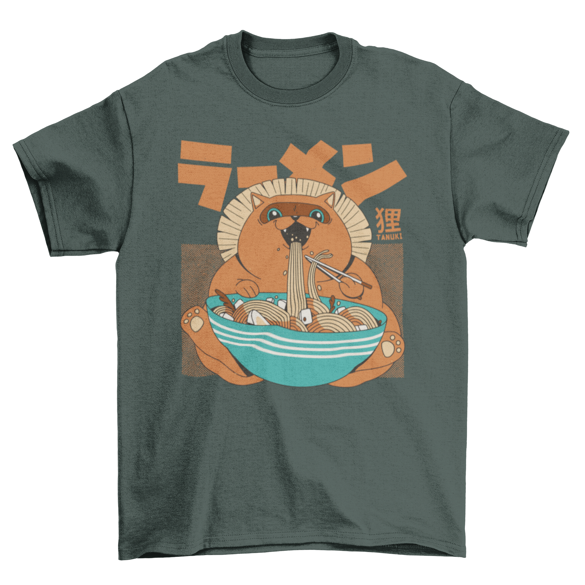 Cool tanuki graphic t-shirt featuring a tanuki eating ramen, perfect for anime fans.