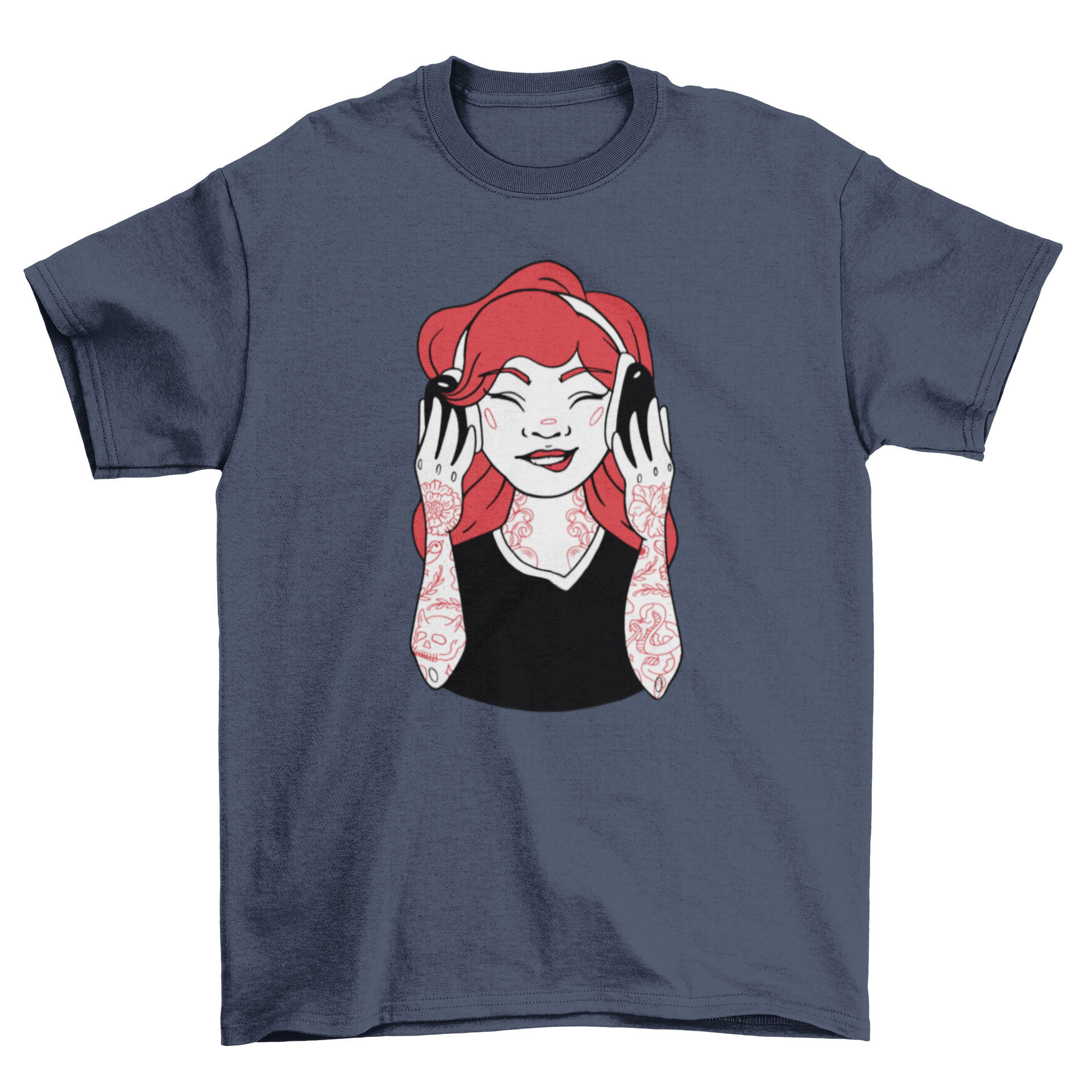 A stylish t-shirt featuring a tattooed girl wearing headphones, showcasing a vibrant and artistic design.