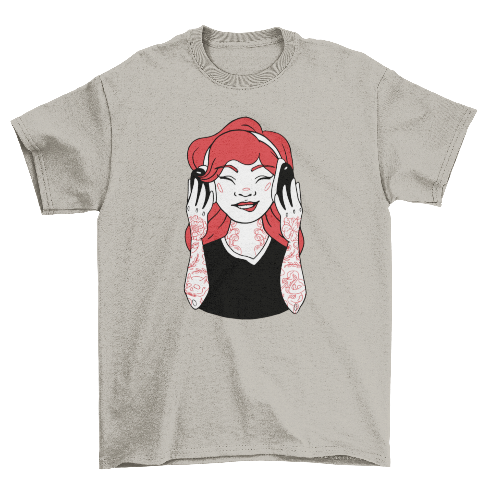 A stylish t-shirt featuring a tattooed girl wearing headphones, showcasing a vibrant and artistic design.