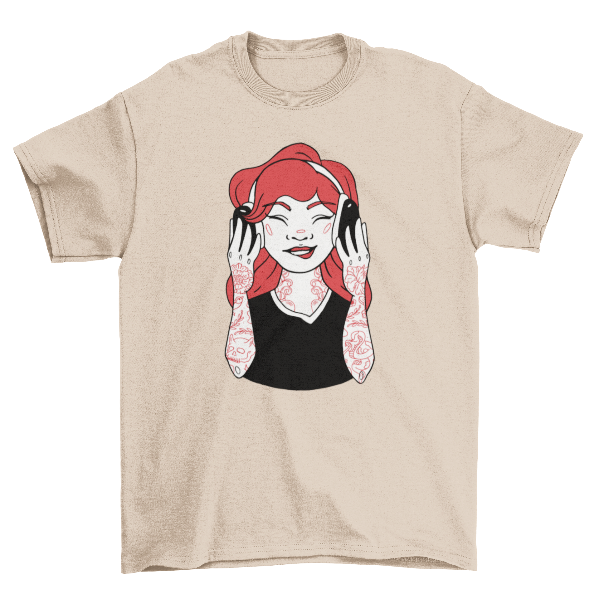 A stylish t-shirt featuring a tattooed girl wearing headphones, showcasing a vibrant and artistic design.