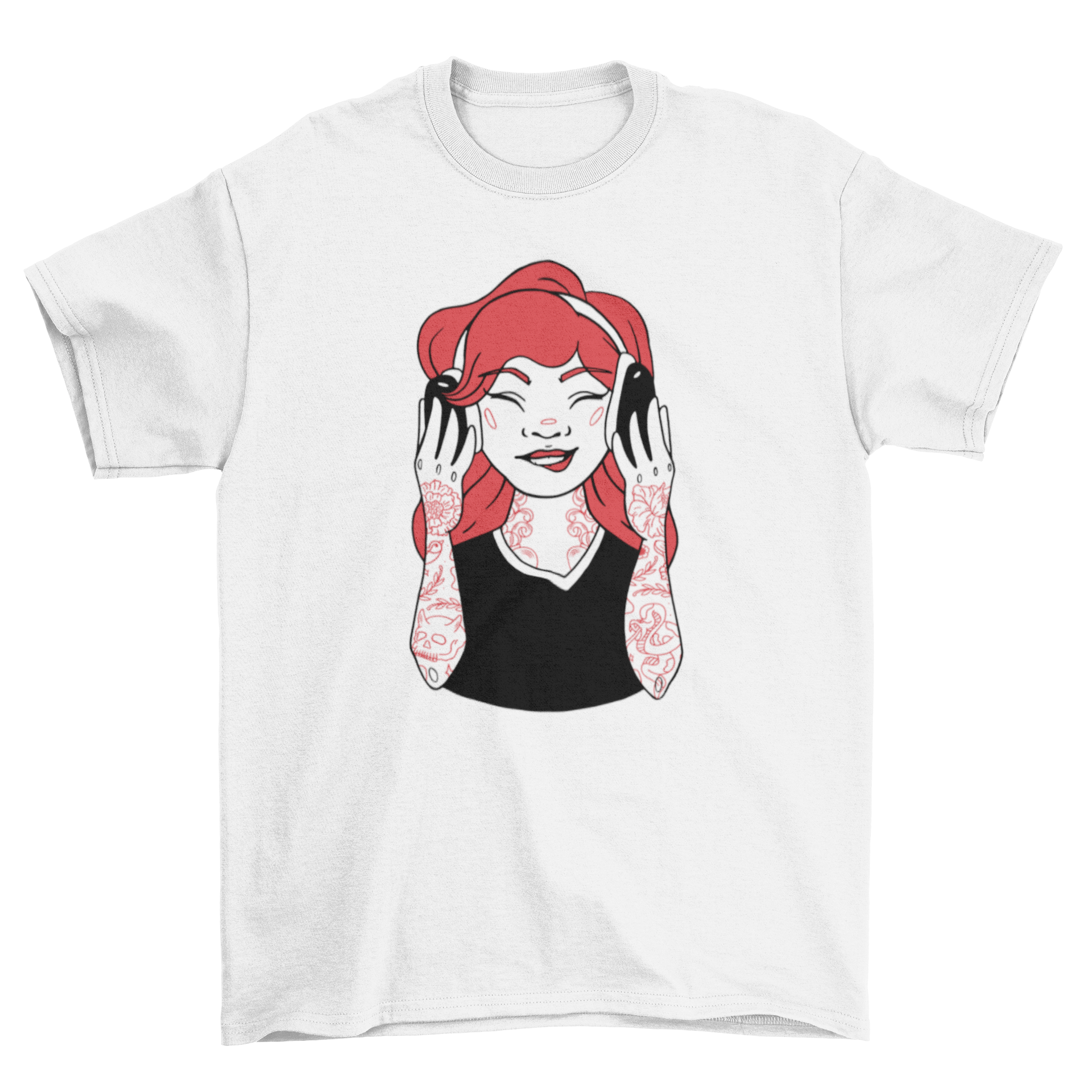 A stylish t-shirt featuring a tattooed girl wearing headphones, showcasing a vibrant and artistic design.