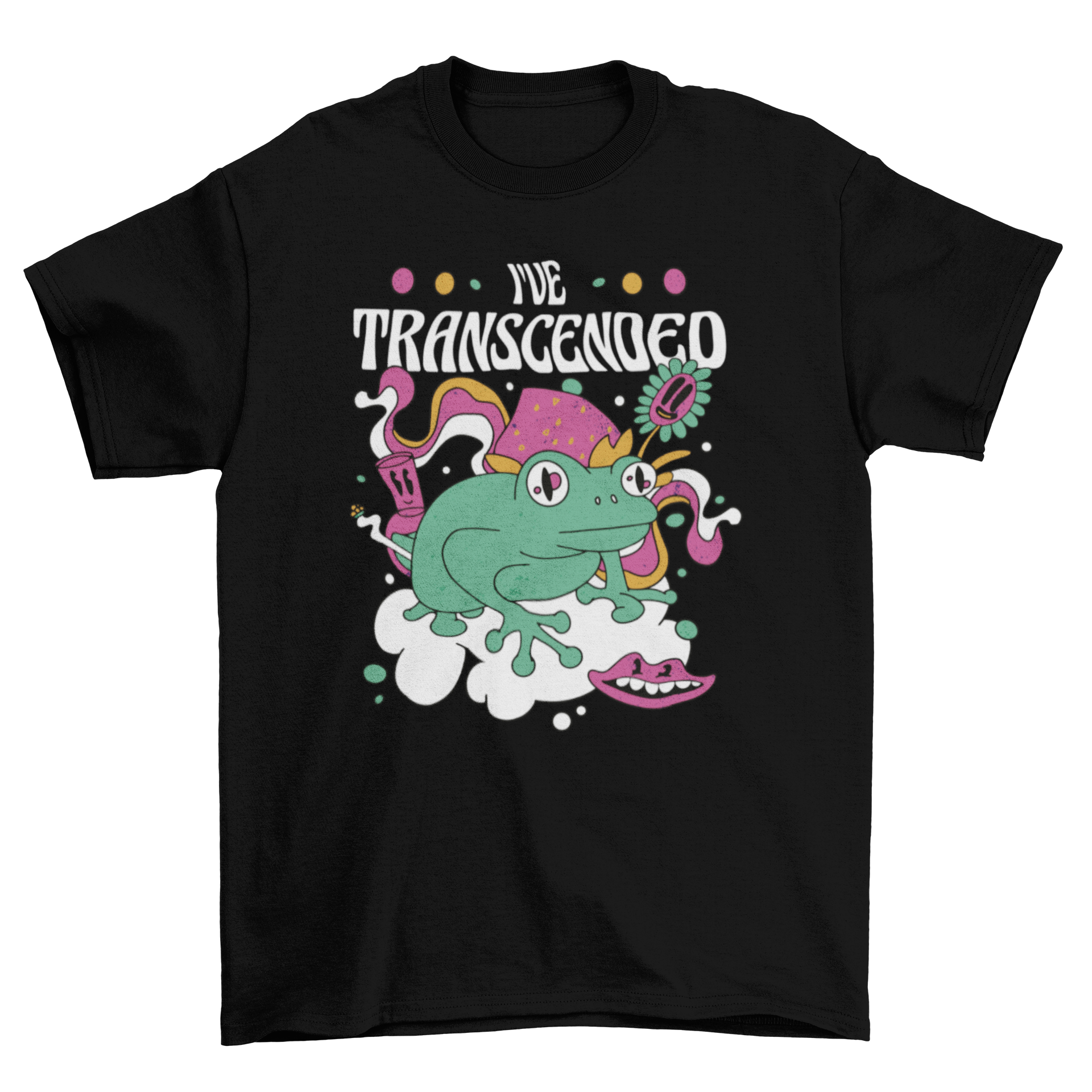 A vibrant t-shirt featuring a trippy frog design with the quote 'I've transcended', showcasing colorful psychedelic patterns.