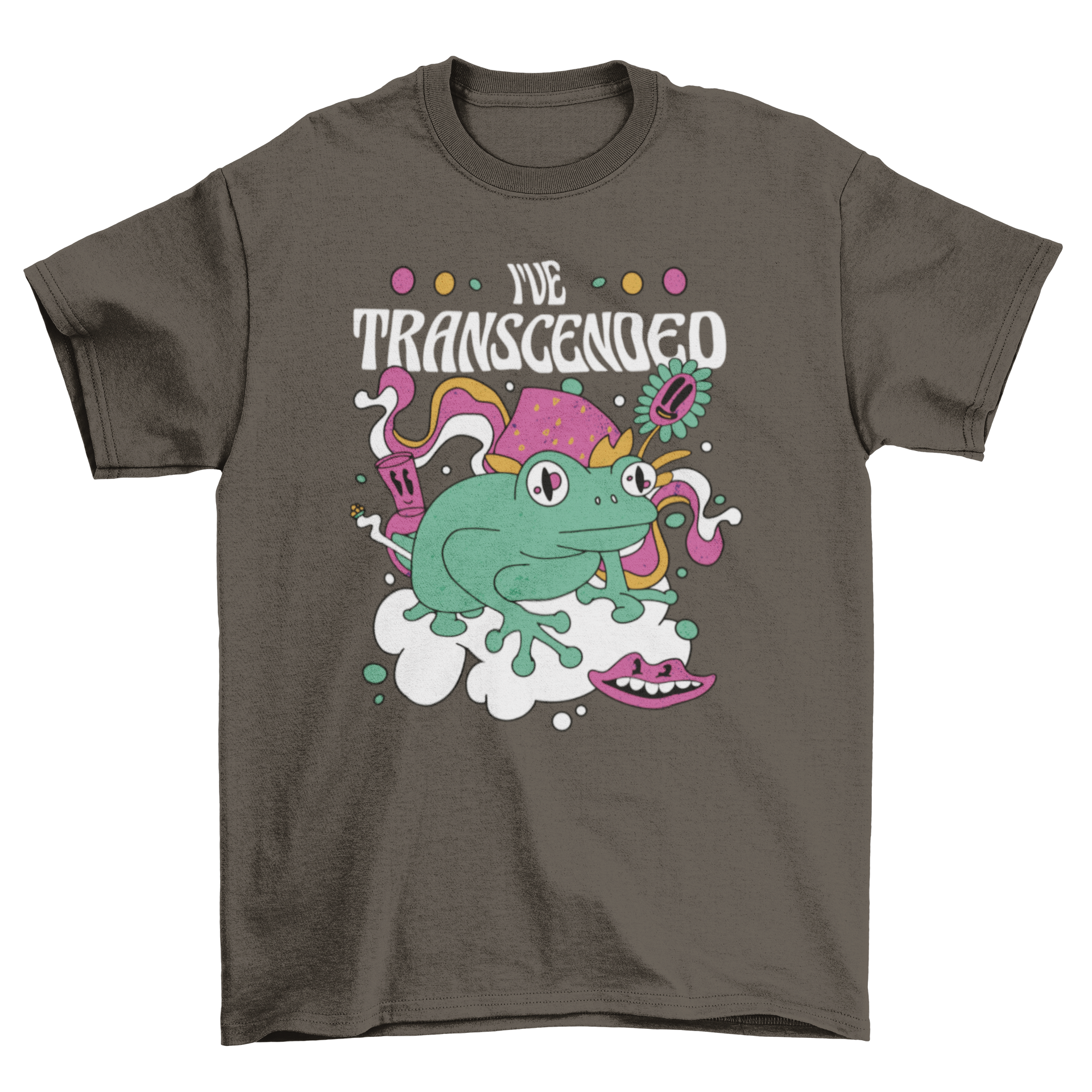 A vibrant t-shirt featuring a trippy frog design with the quote 'I've transcended', showcasing colorful psychedelic patterns.