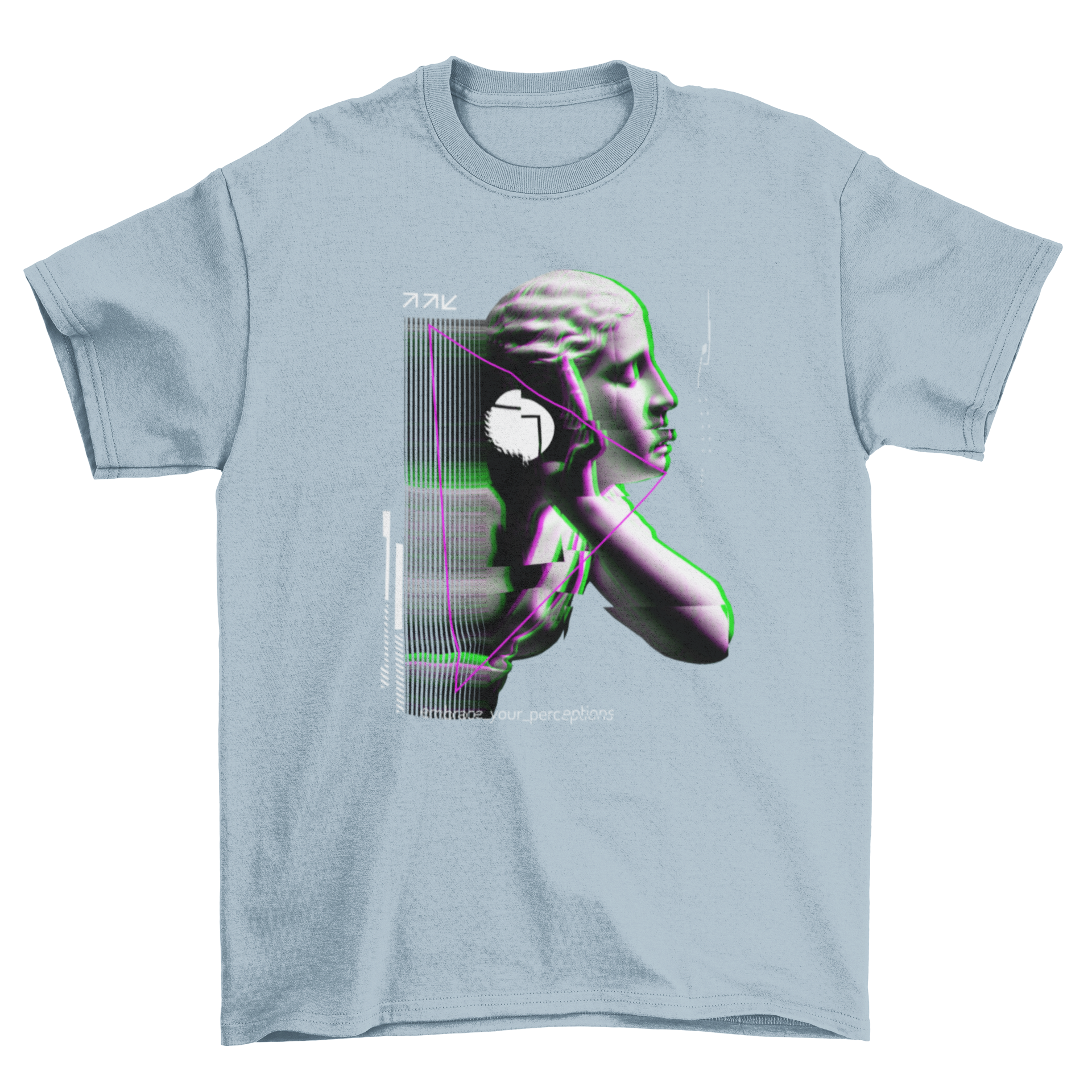 A stylish vaporwave t-shirt featuring a glitch statue graphic, showcasing vibrant colors and retro aesthetics.