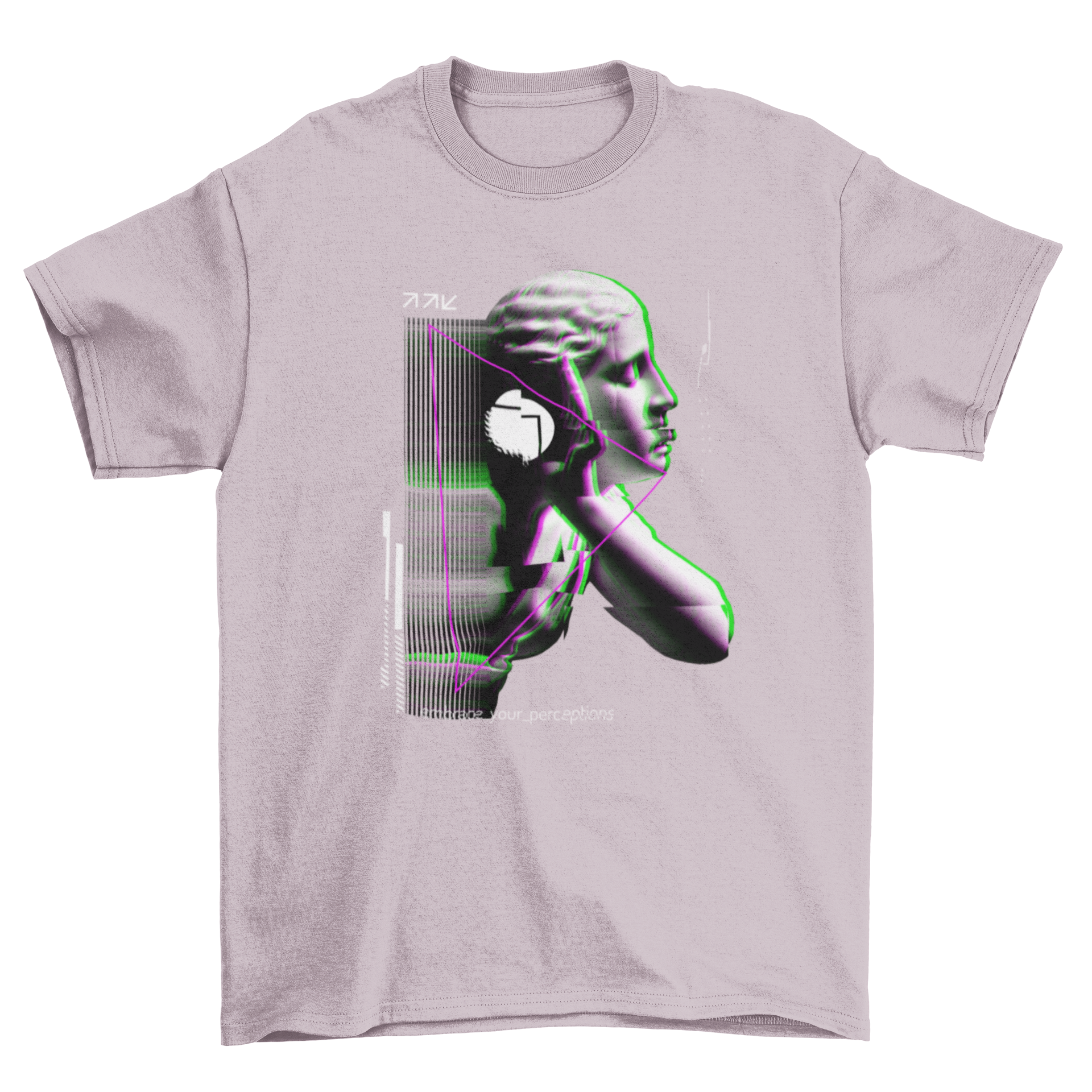 A stylish vaporwave t-shirt featuring a glitch statue graphic, showcasing vibrant colors and retro aesthetics.