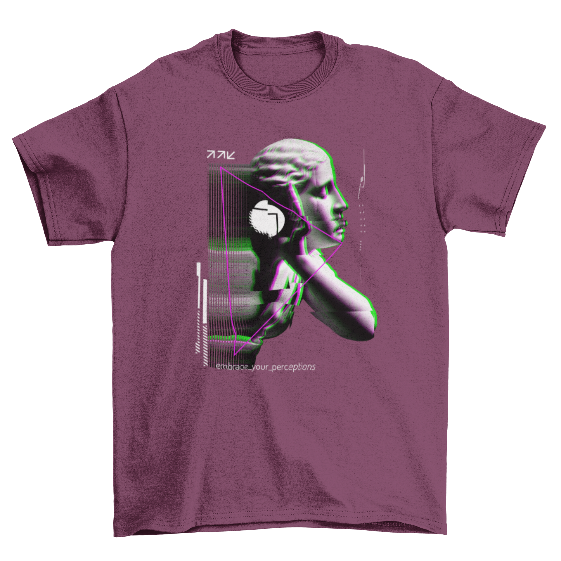 A stylish vaporwave t-shirt featuring a glitch statue graphic, showcasing vibrant colors and retro aesthetics.