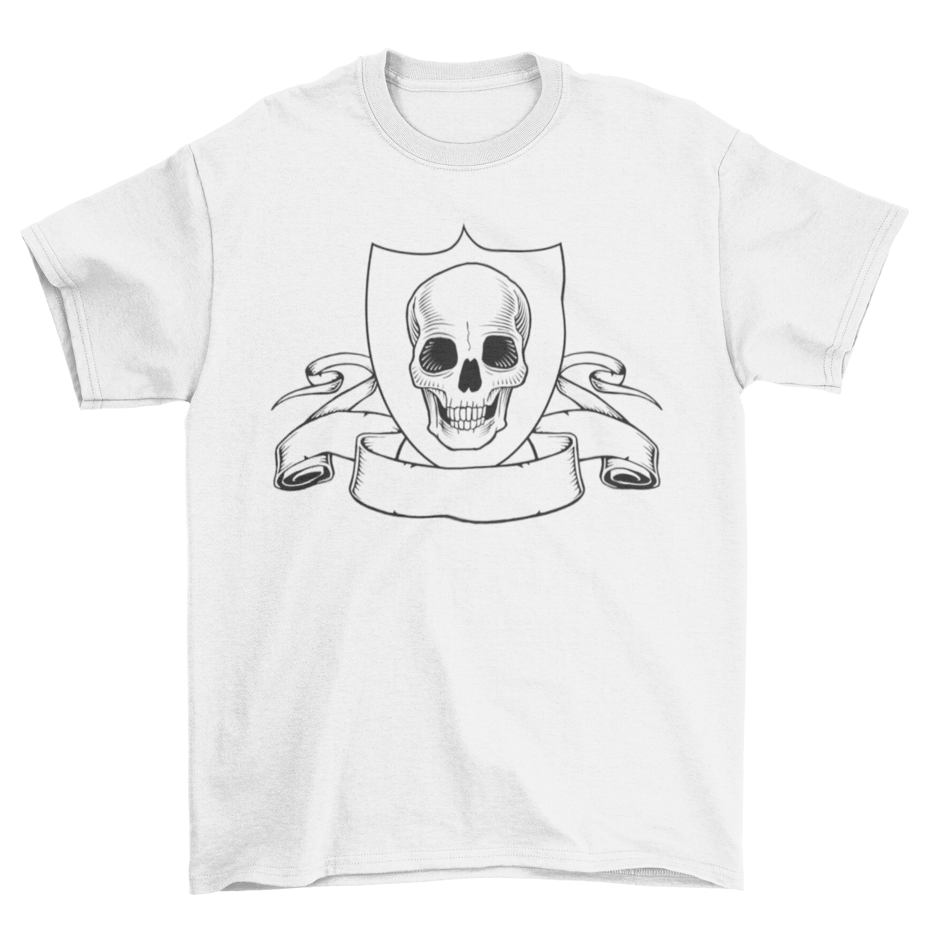 Cool vintage t-shirt featuring a skull illustration on a crest with a ribbon in outline style, perfect for artistic fashion lovers.