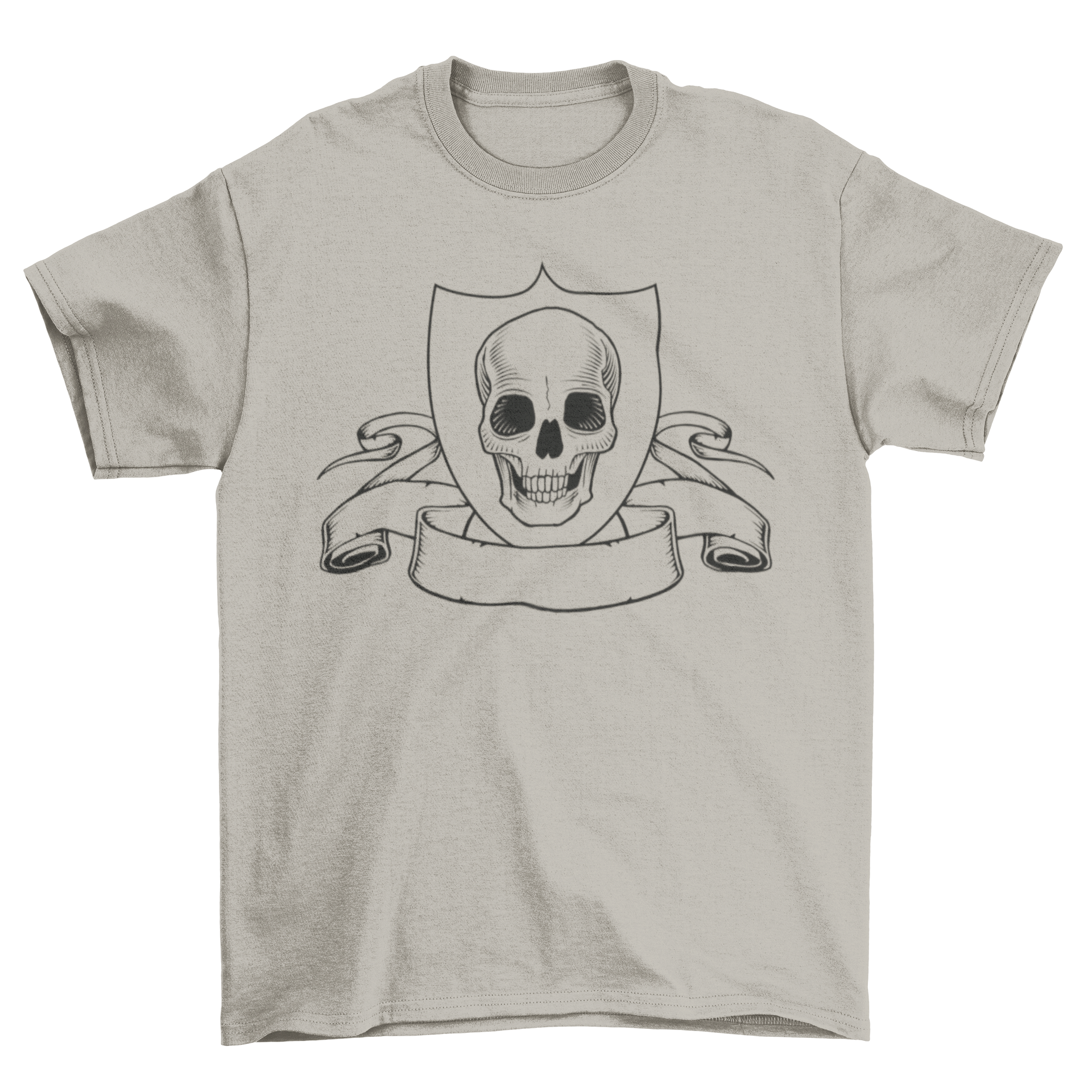 Cool vintage t-shirt featuring a skull illustration on a crest with a ribbon in outline style, perfect for artistic fashion lovers.