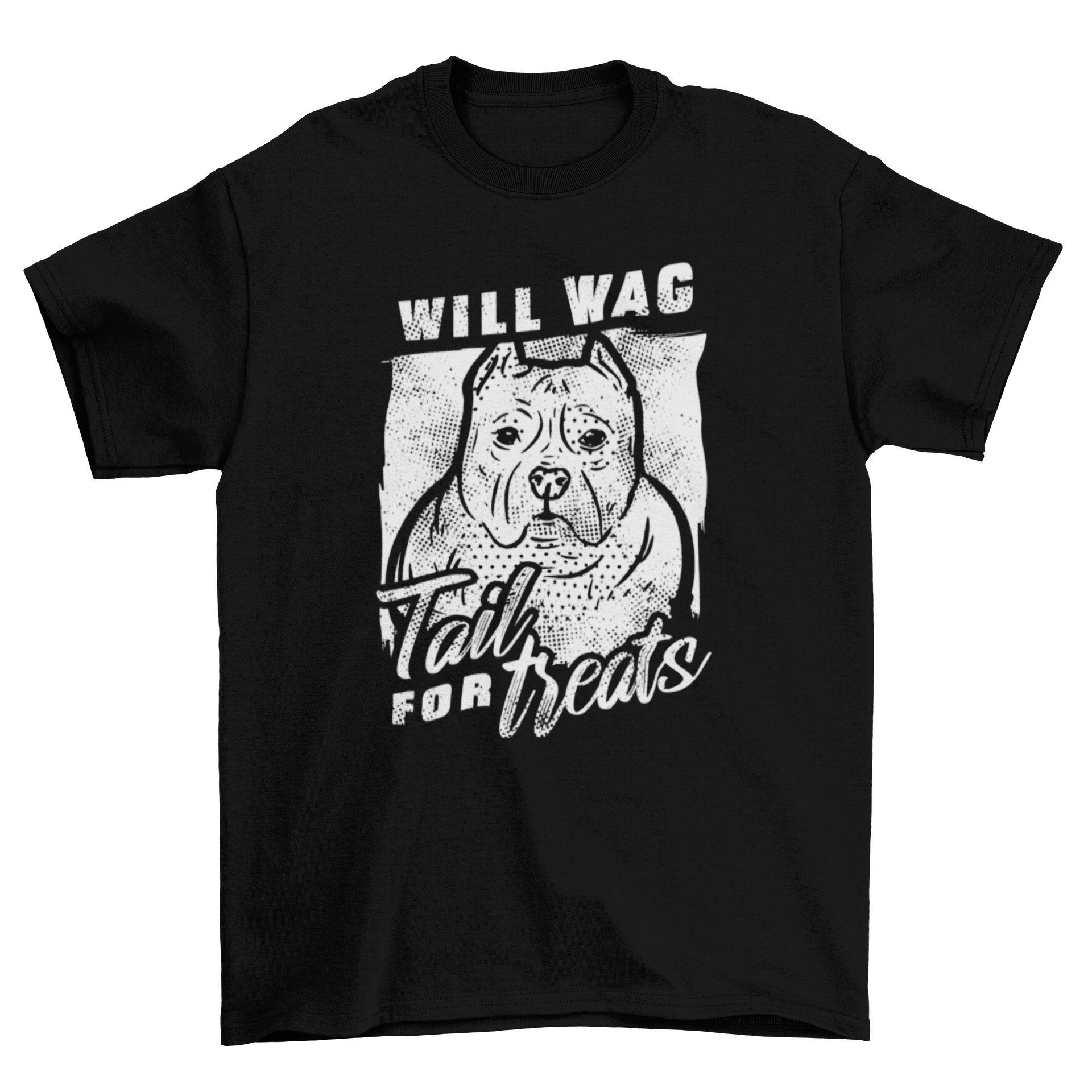 Cool dog t-shirt featuring a pitbull and the quote 'Will wag tail for treats'.