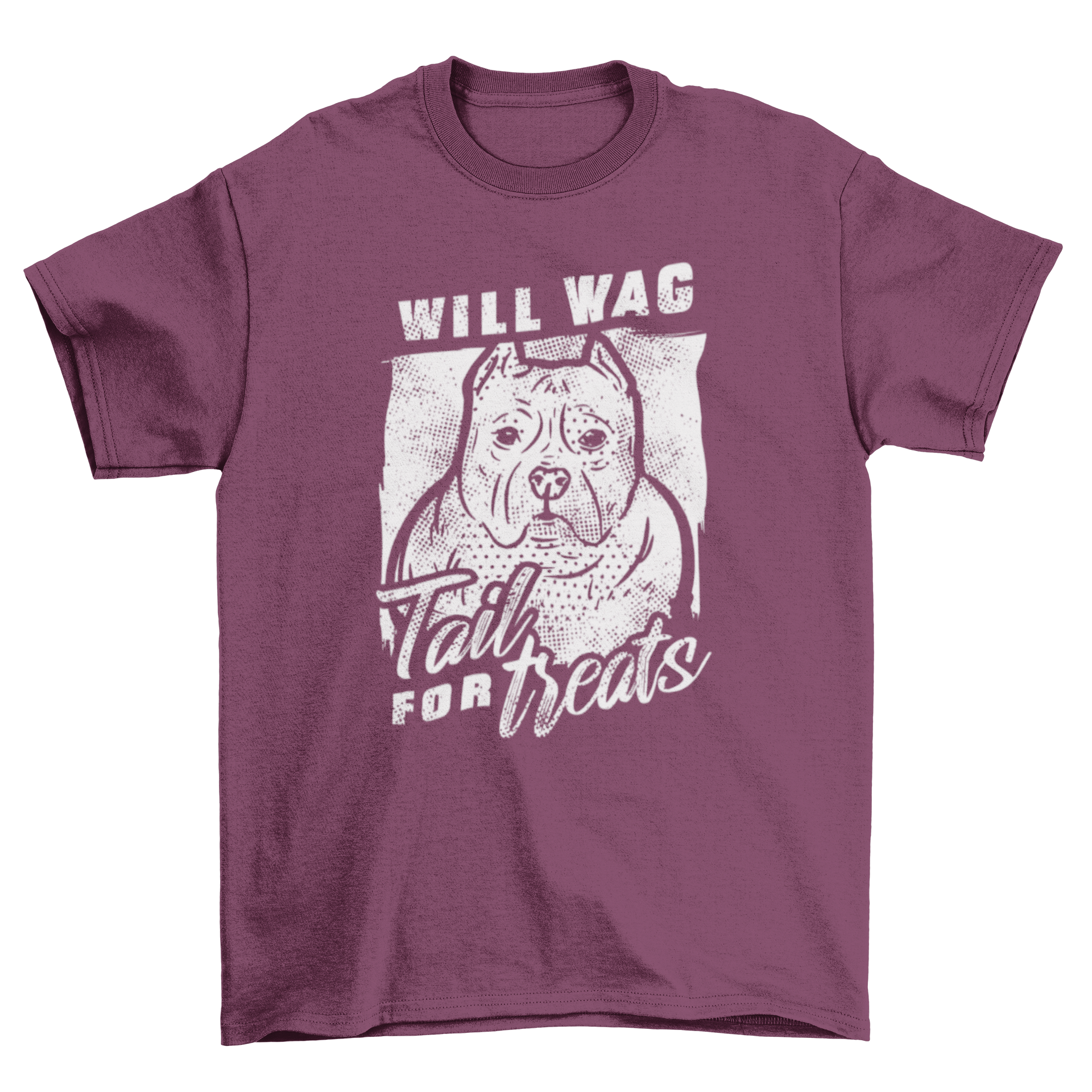 Cool dog t-shirt featuring a pitbull and the quote 'Will wag tail for treats'.